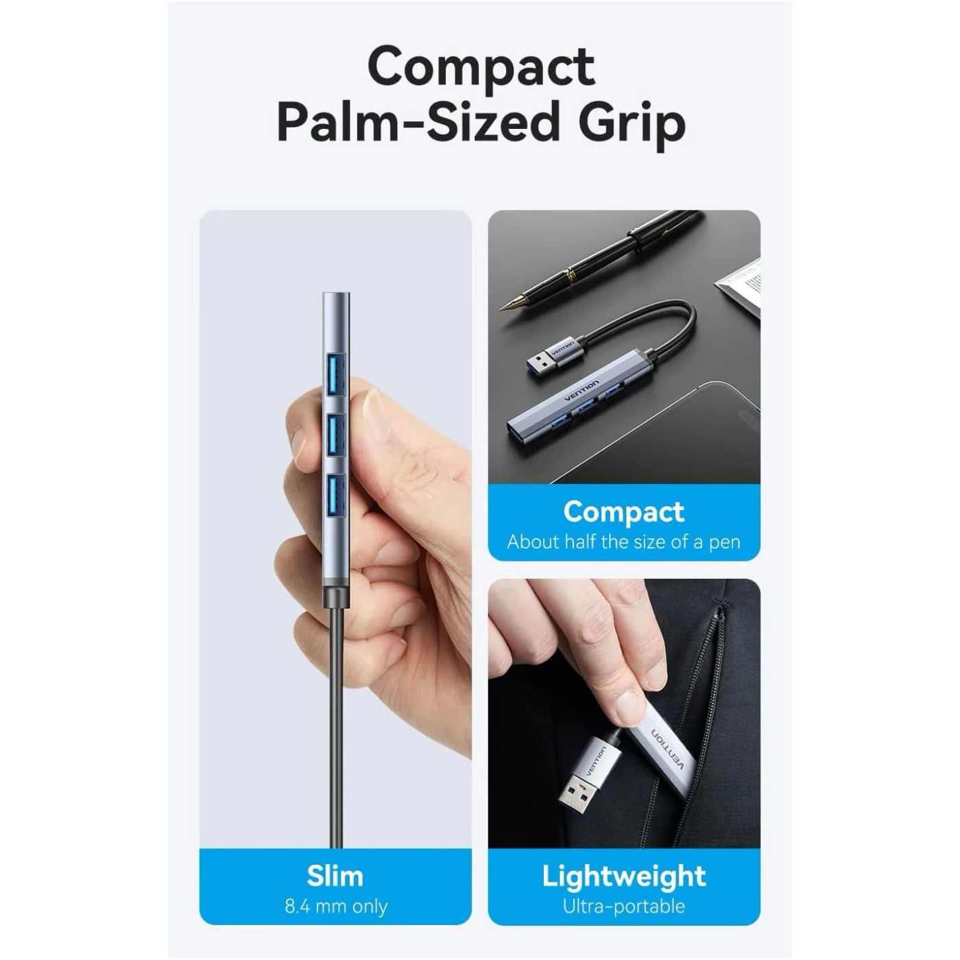 Хаб USB 3.0 -> 1xUSB 3.0/3xUSB 2.0, 0.15м, 5 Гбіт/с, Grey Vention