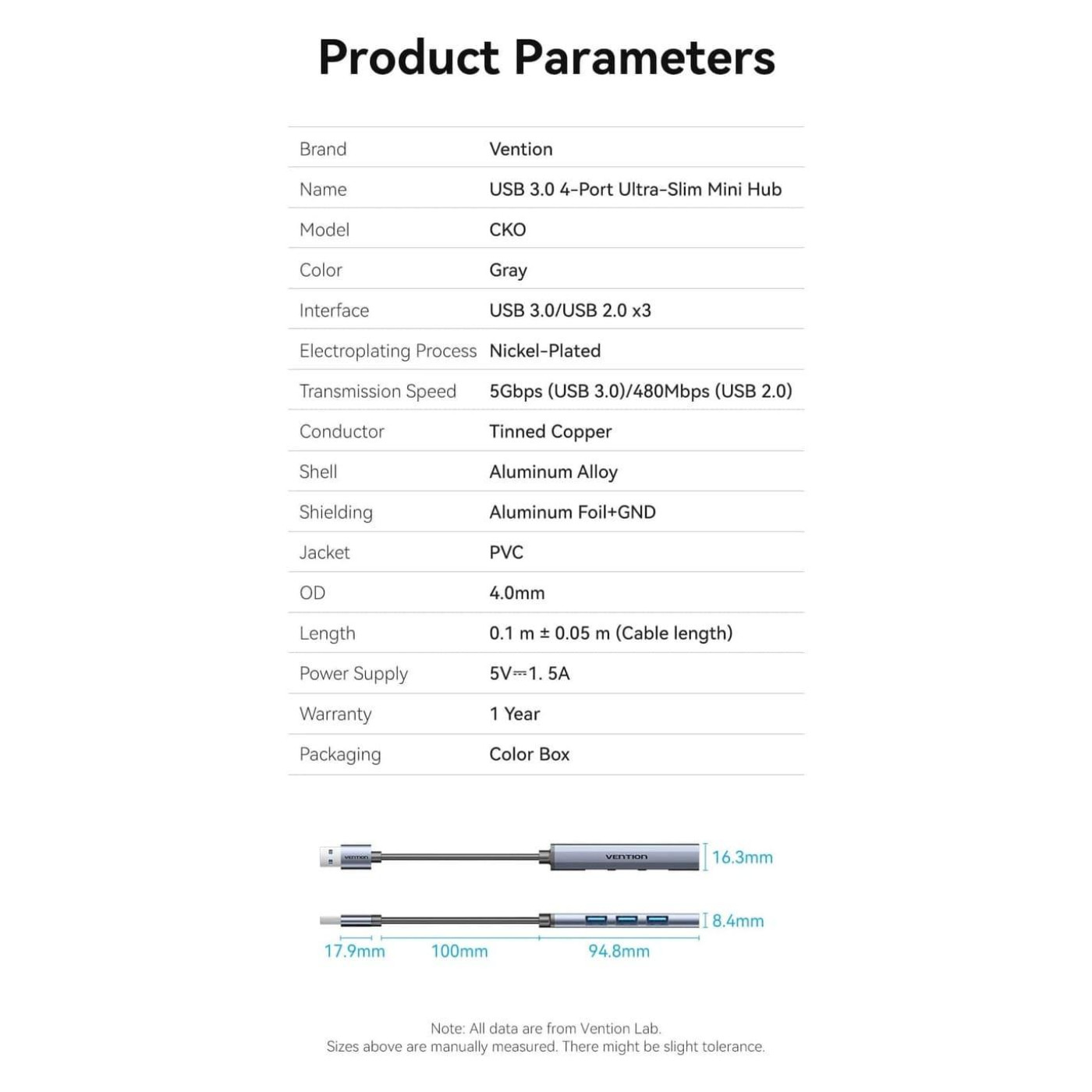 Хаб USB 3.0 -> 1xUSB 3.0/3xUSB 2.0, 0.15м, 5 Гбіт/с, Grey Vention