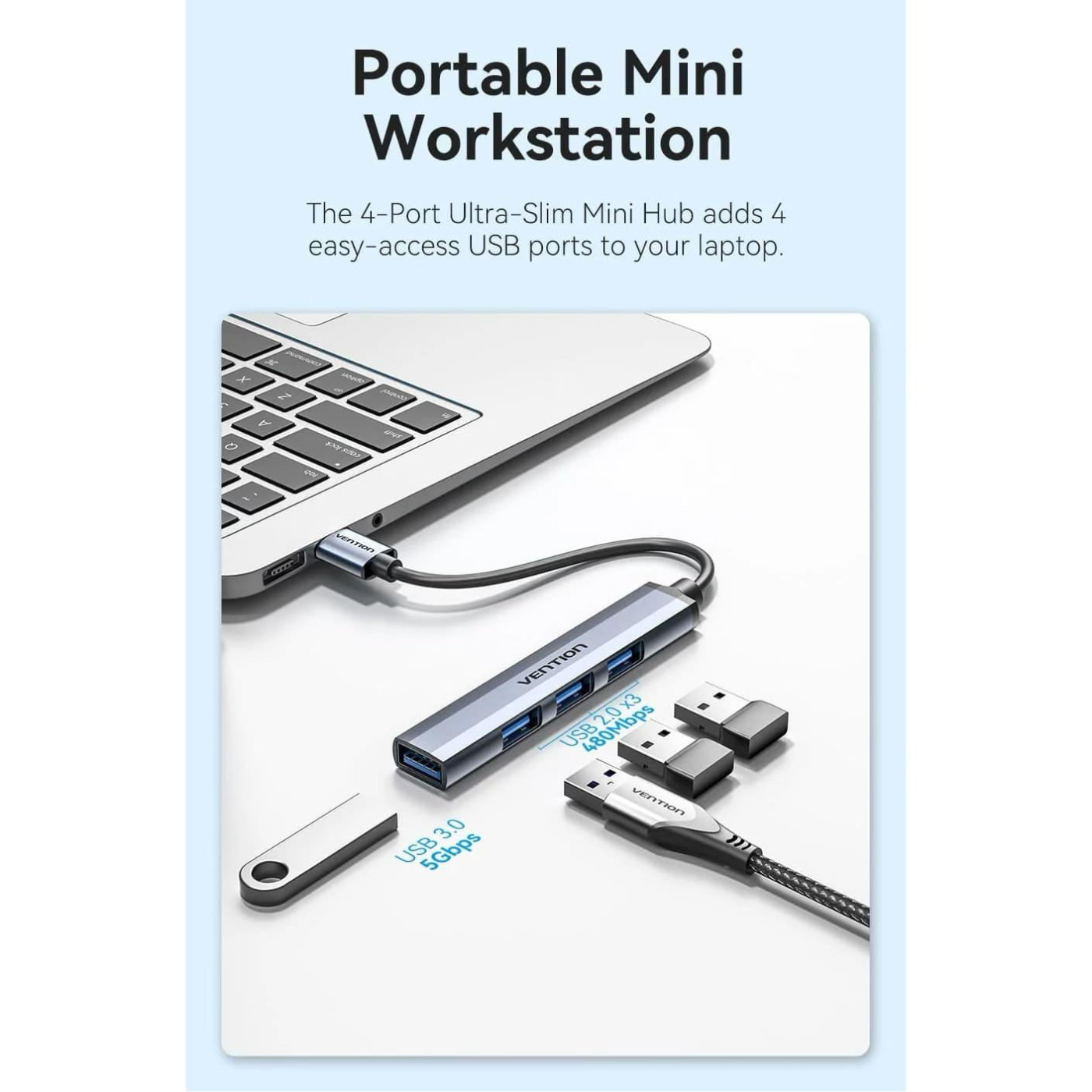 Хаб USB 3.0 -> 1xUSB 3.0/3xUSB 2.0, 0.15м, 5 Гбіт/с, Grey Vention