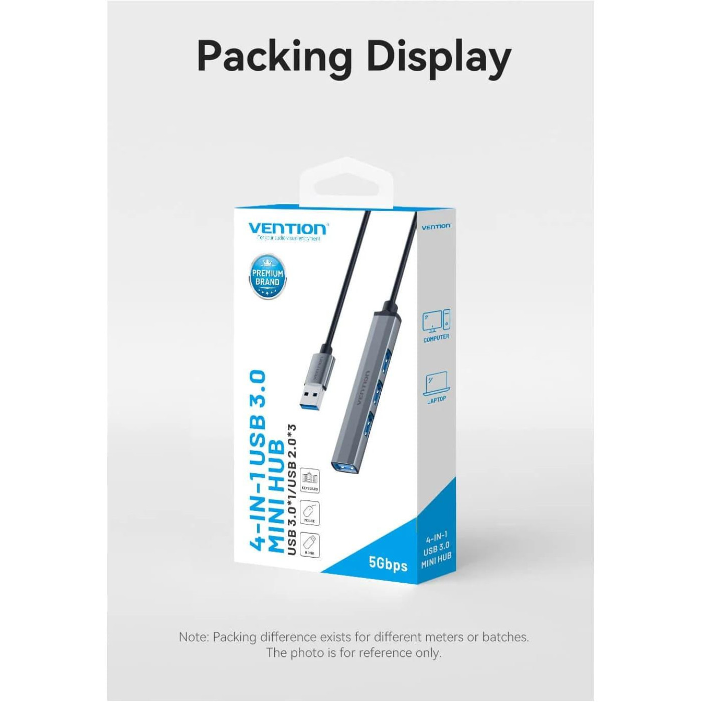 Хаб USB 3.0 -> 1xUSB 3.0/3xUSB 2.0, 0.15м, 5 Гбіт/с, Grey Vention