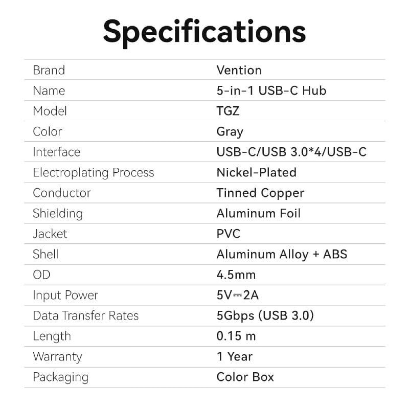 USB-Хаб Vention USB 3.0 Type-C -> 4xUSB 3.0/1xUSB-C, 5Gbps, Black (TGZHB)