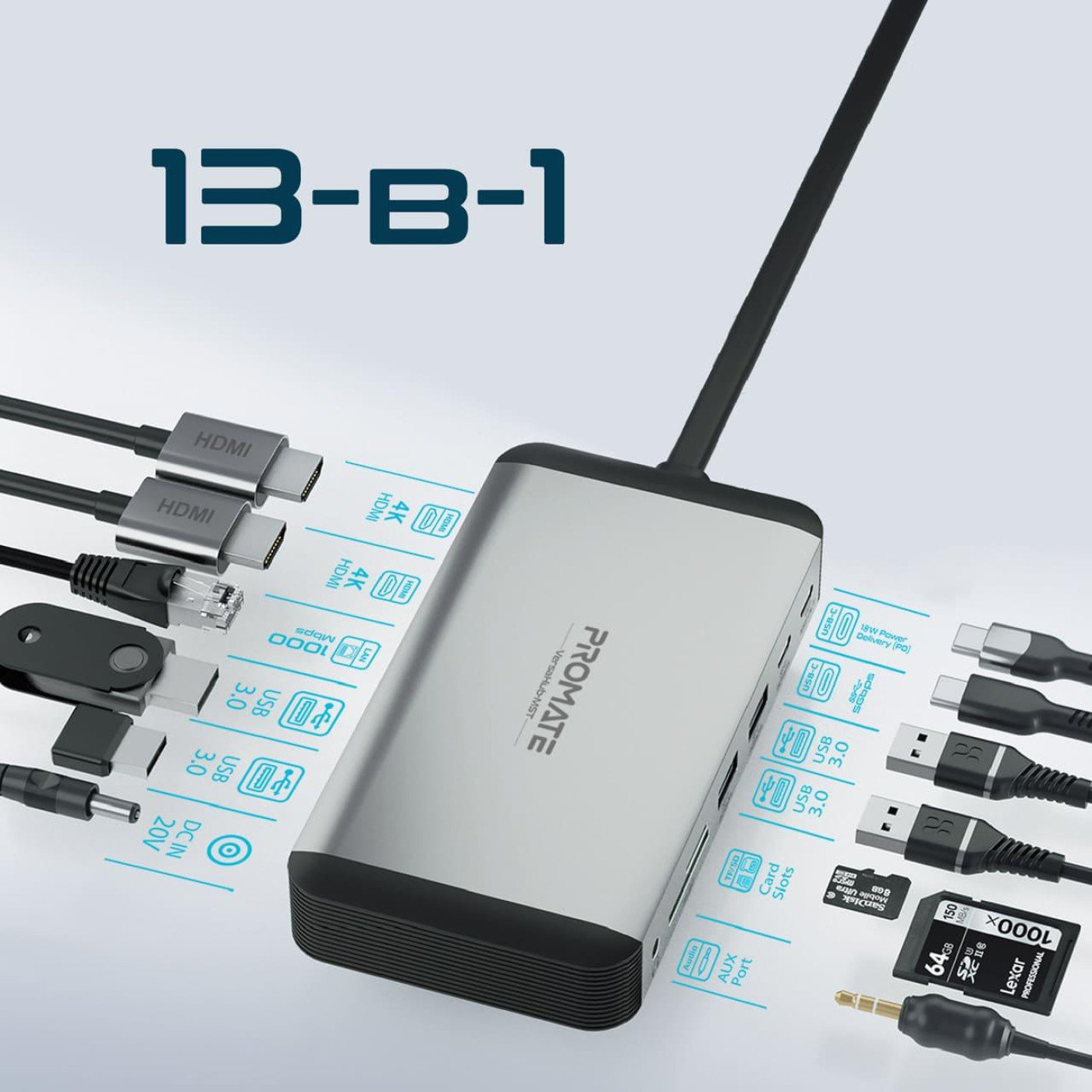 USB-Хаб Promate USB Хаб на 13 портив (versahub-mst.grey)