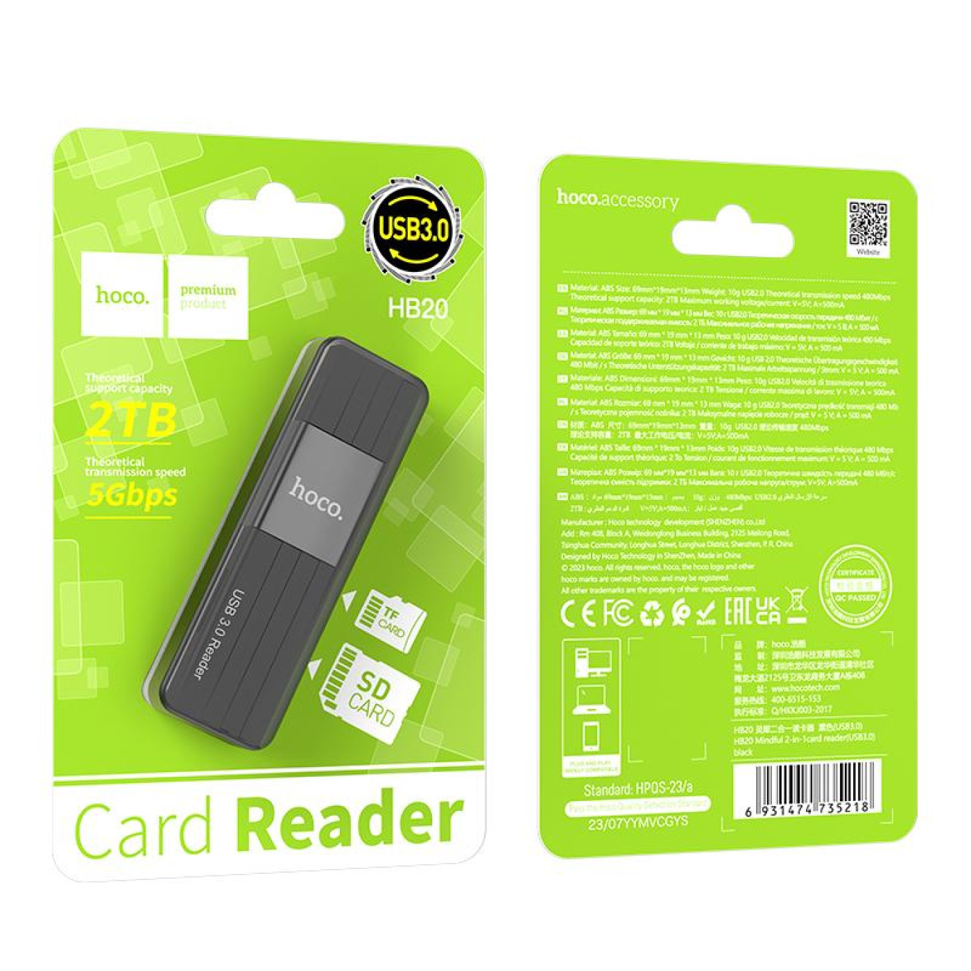 Кардрiдер Hoco HB20 Mindful 2-in-1card reader(USB3.0) Black (6931474735218)