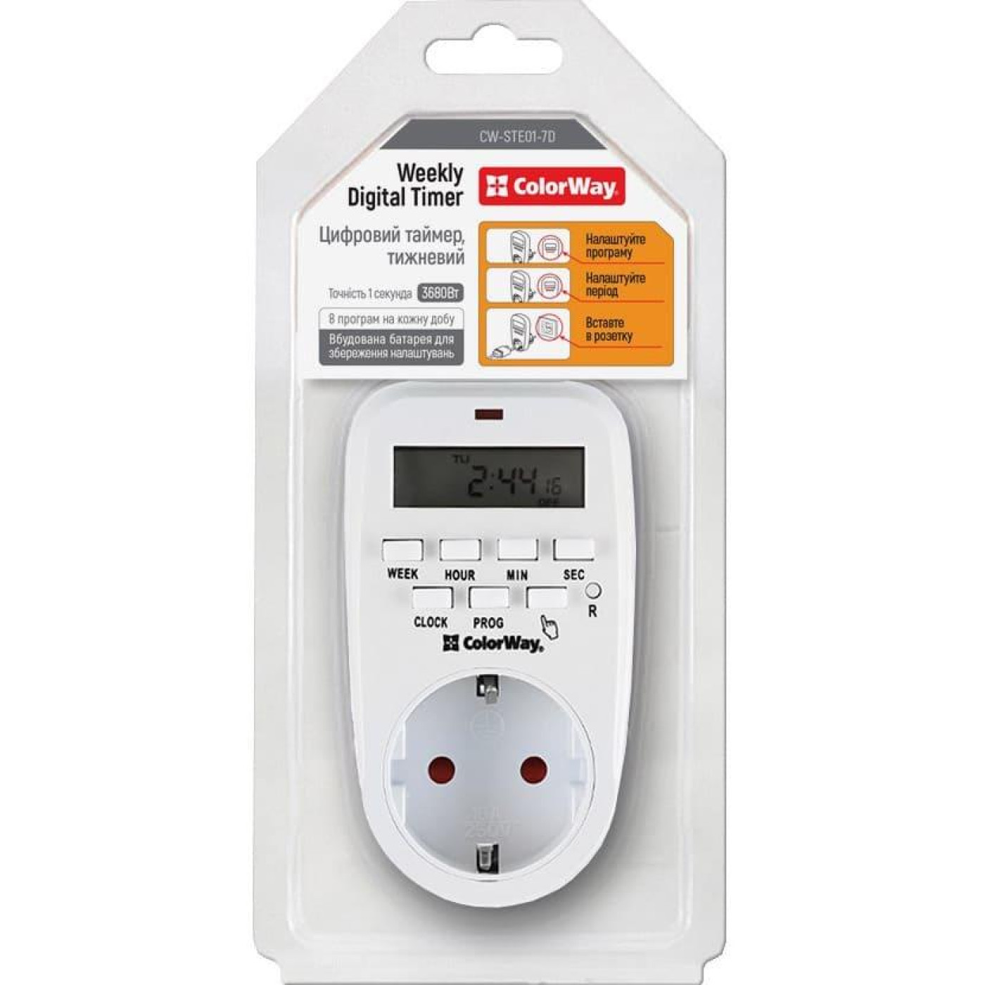 Таймер-розетка СolorWay 16A 3680W електронний тижневий 7D (CW-STE01-7D)