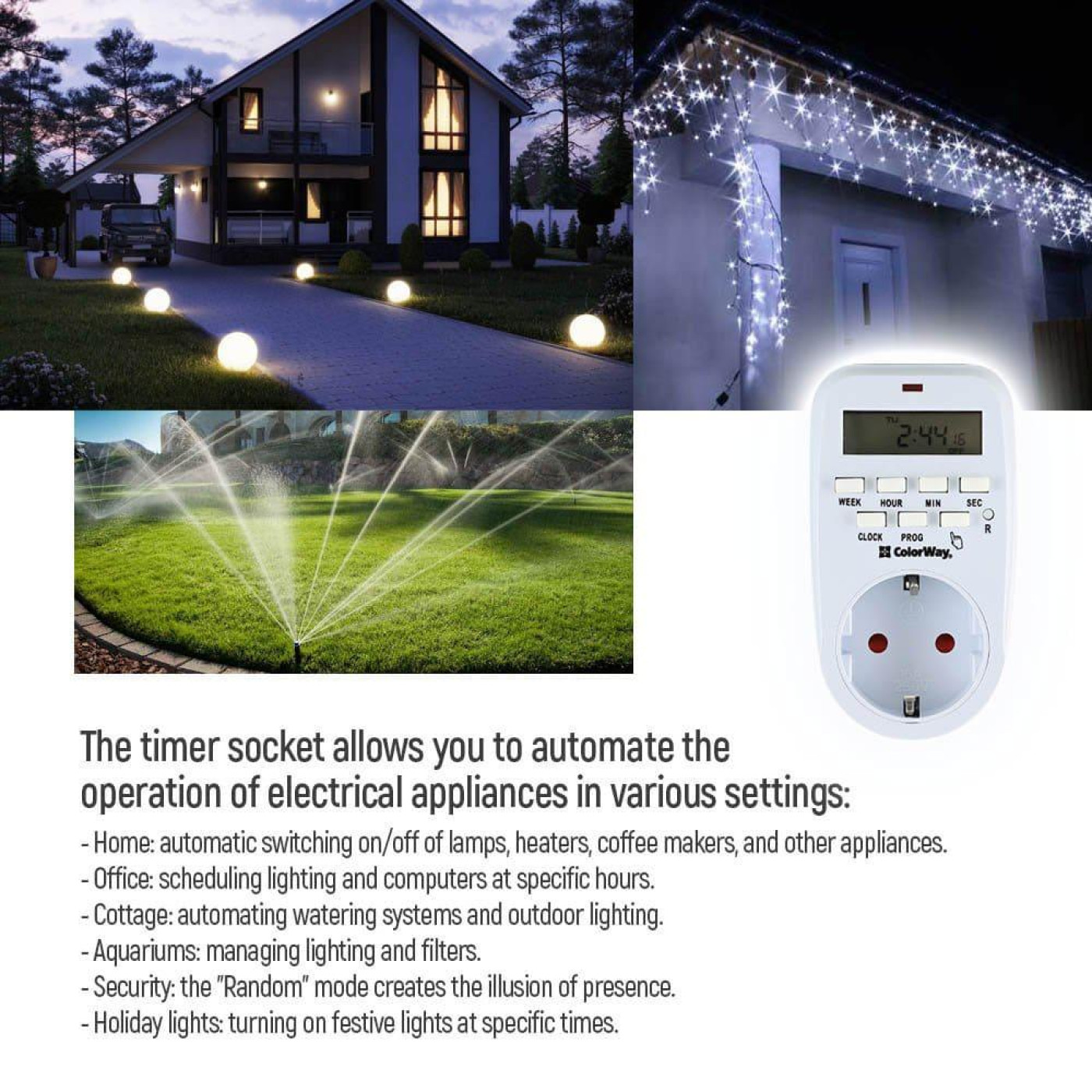 Таймер-розетка СolorWay 16A 3680W електронний тижневий 7D (CW-STE01-7D)