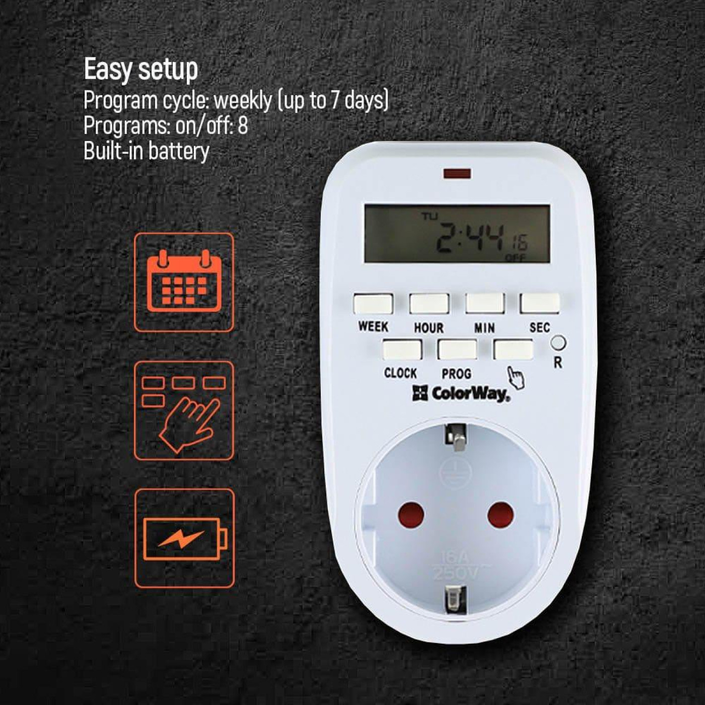 Таймер-розетка СolorWay 16A 3680W електронний тижневий 7D (CW-STE01-7D)