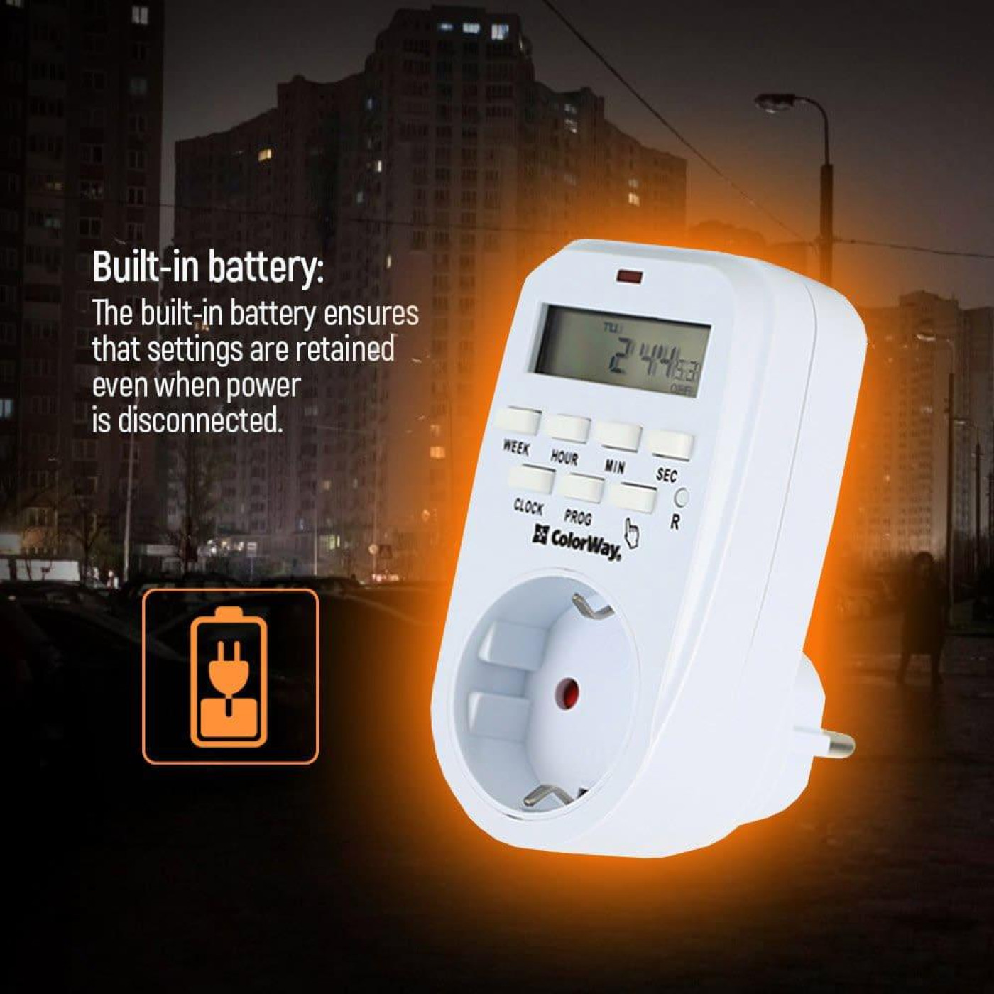 Таймер-розетка СolorWay 16A 3680W електронний тижневий 7D (CW-STE01-7D)