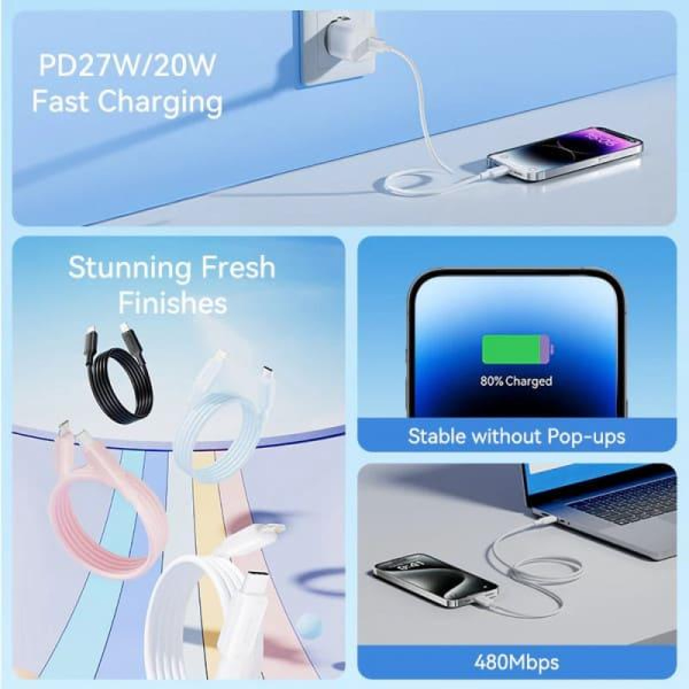 Кабель Vention USB 2.0Type-C M-LightningM,1.0 м,PD 27W,PVC, голубий (LAKSF)