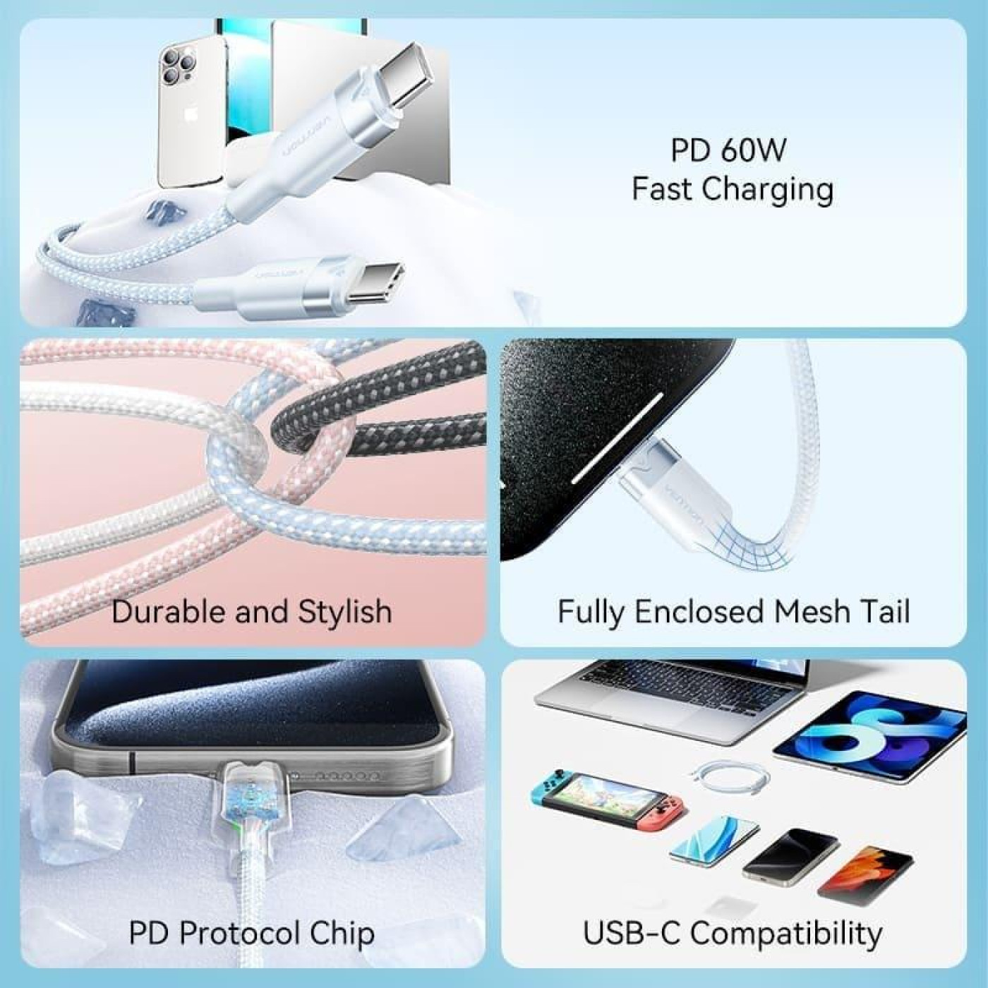 Кабель Vention USB 2.0Type-C M-M,1.0м 60W aluminum alloy, білийVention (TRDWF)