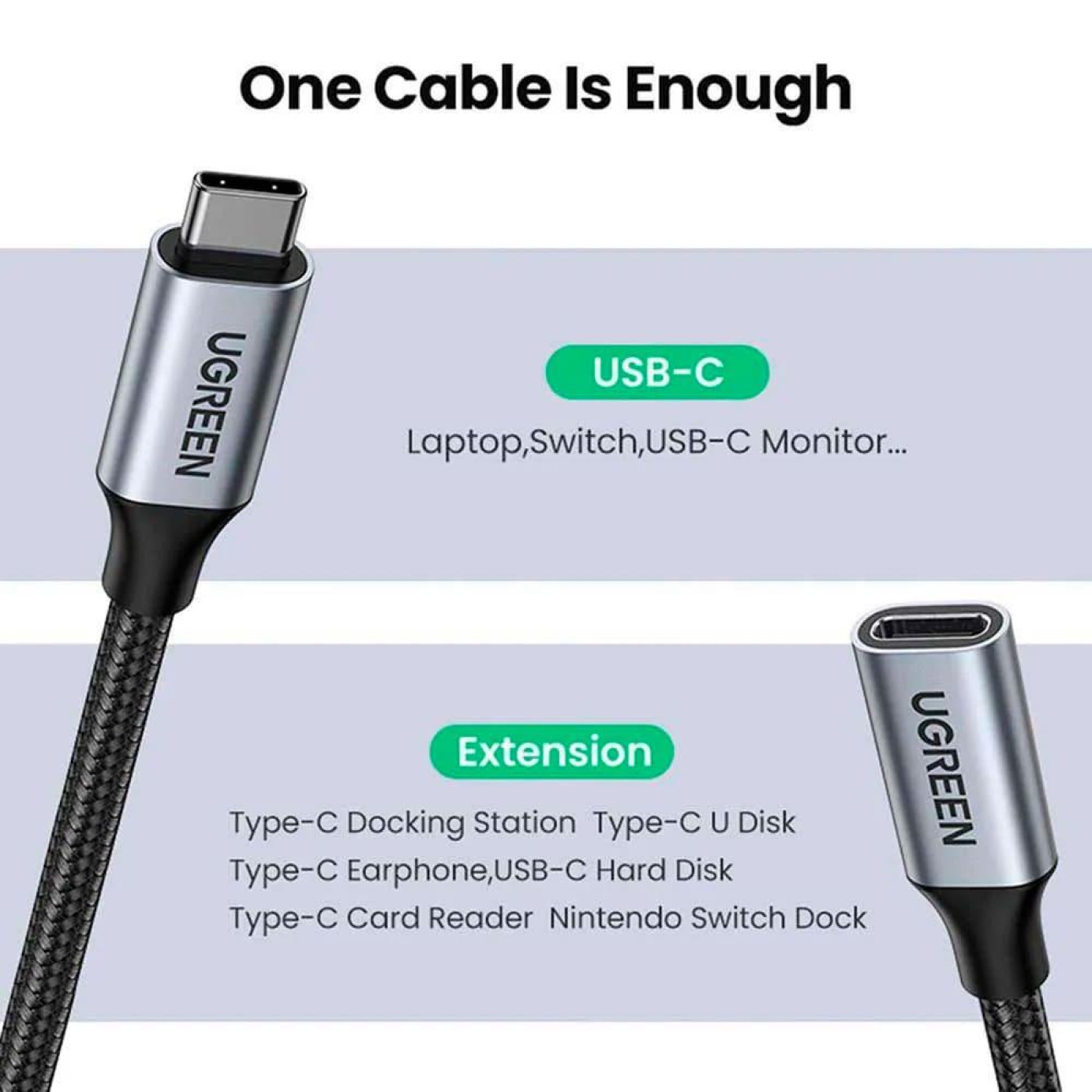 Кабель Ugreen USB 3.1 Type-C M-F,1 м,5A （10Gbps）Чорний,US372 (30205)