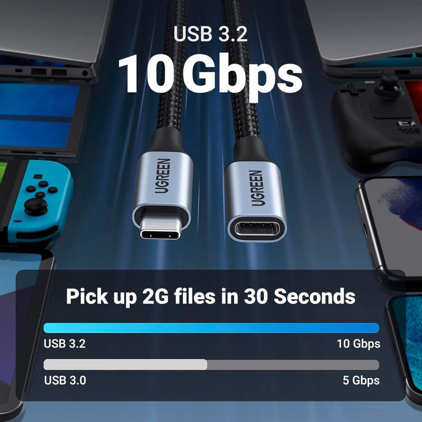 Кабель Ugreen USB 3.1 Type-C M-F,1 м,5A （10Gbps）Чорний,US372 (30205)