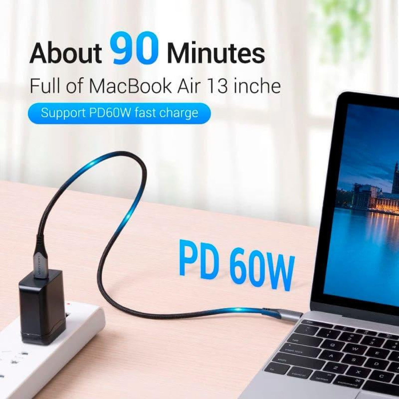 Кабель Vention USB 3.1Type-C M-M,0.5м60W Cotton Braided (TAAHD)