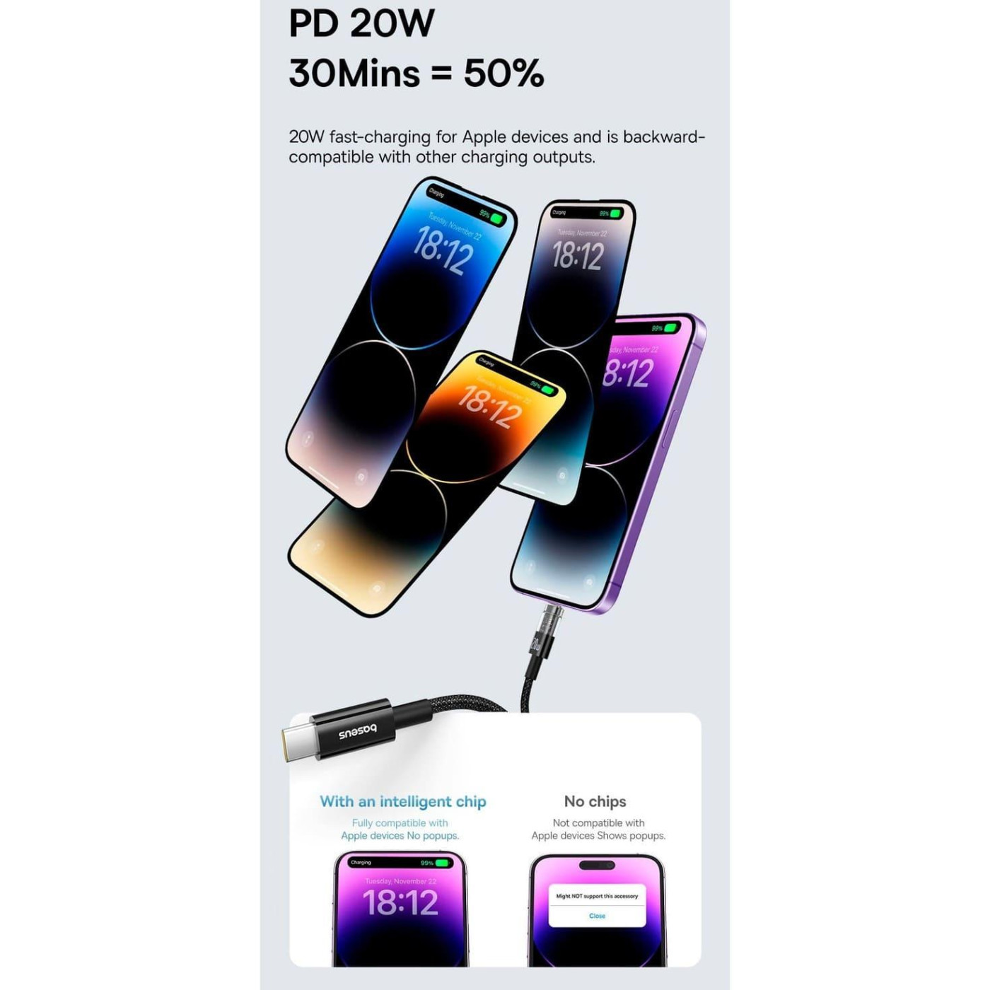Кабель Baseus Gem Fast-Charging Data Cable Type-C to Lightning 20W 2m purple (P10373001511-01)