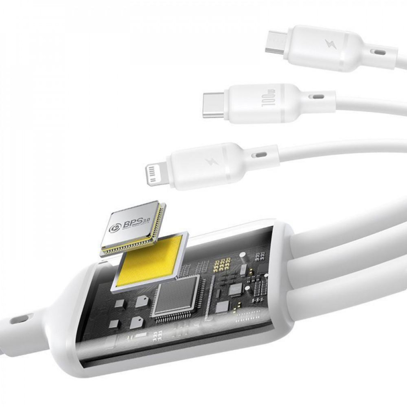 Кабель Baseus Silky One-for-Three Fast Charging USB to Micro USB+Lightning+Type-C 100W 1.5m white (P10377705213-00)
