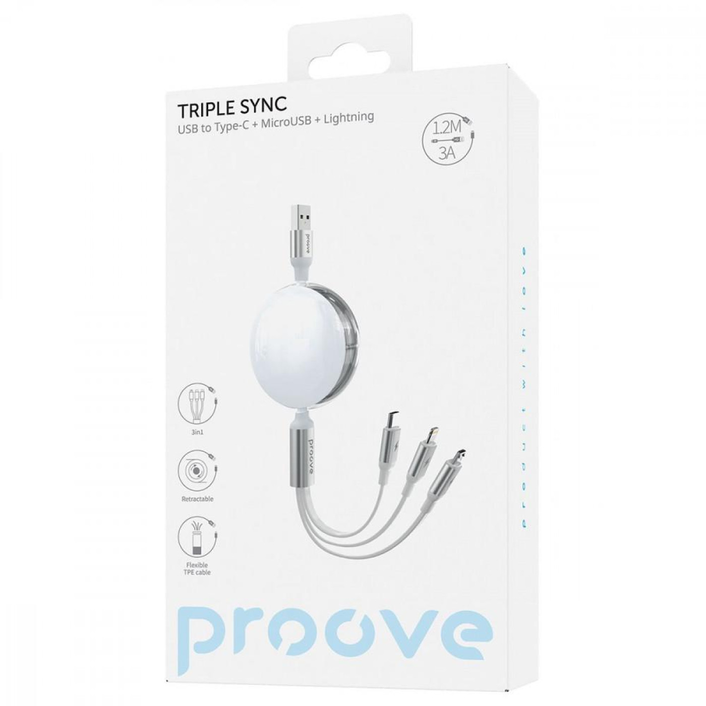 Кабель Proove Triple Sync 3 in 1 Type-C + Micro USB + Lightning (1.2m) white