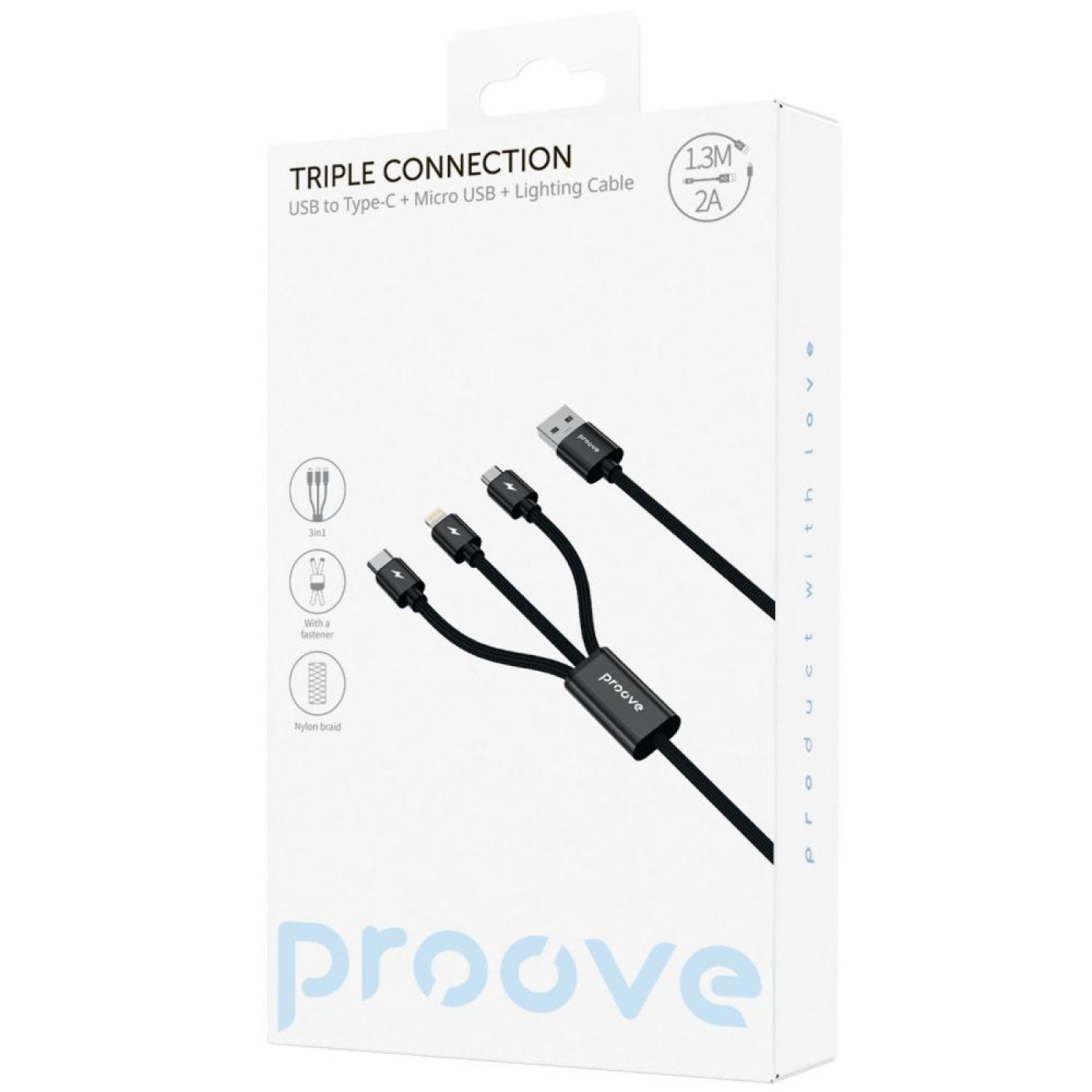 Кабель Proove Triple Connection 3 in 1 Type-C + Micro USB + Lightning (1.3m) black (CCTC15001501)