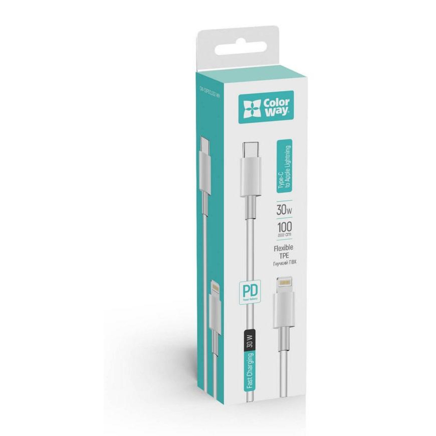 Кабель ColorWay Type-C - Apple Lightning (PD Fast Charging) 3.0А 1m White (CW-CBPDCL032-WH)