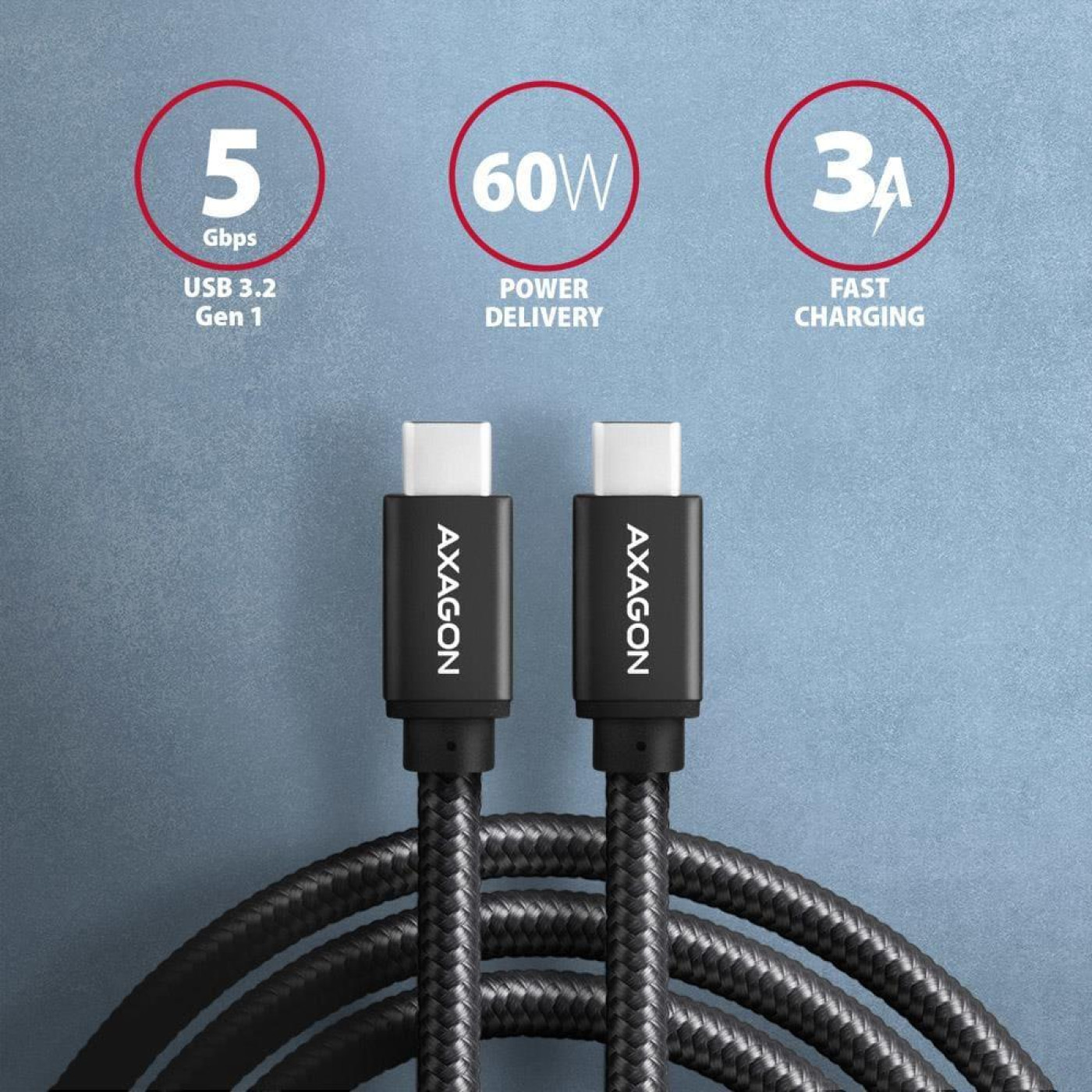 Кабель AXAGON BUCM3-CM10AB USB-C-USB-C 3.2 Gen 1, 2m, PD 60W, 3A, чорний