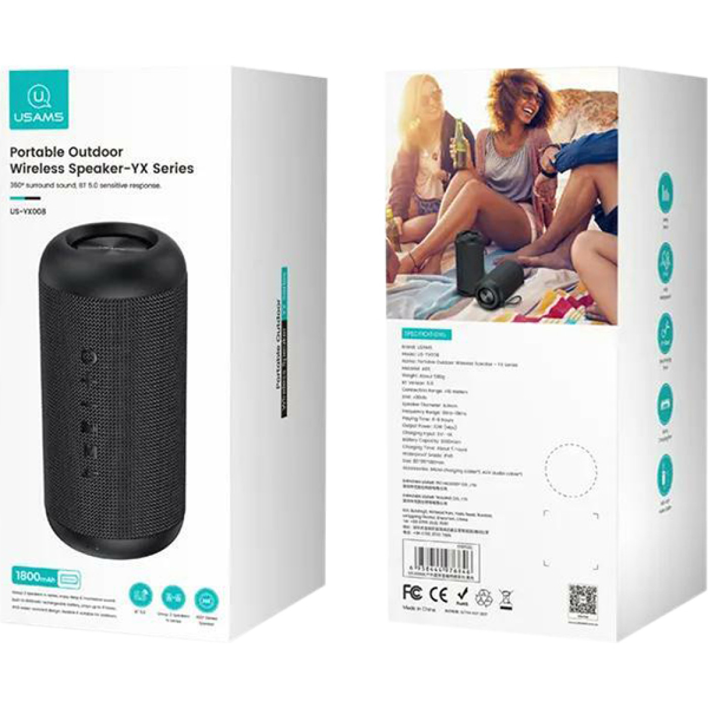 Акустическая система Usams US-YX008 Portable Outdoor Wireless Speaker - YX Series BT5.0 Black (YX8YG01)