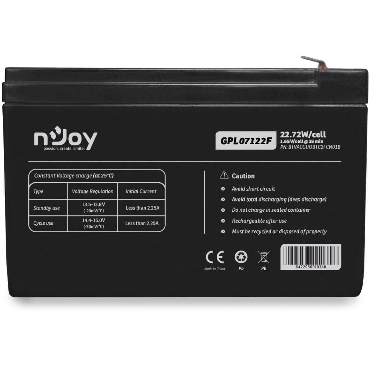 Аккумуляторная батарея для ИБП Njoy GPL07122F 12V (BTVACGUOBTC2FCN01B) VRLA GPL07122F