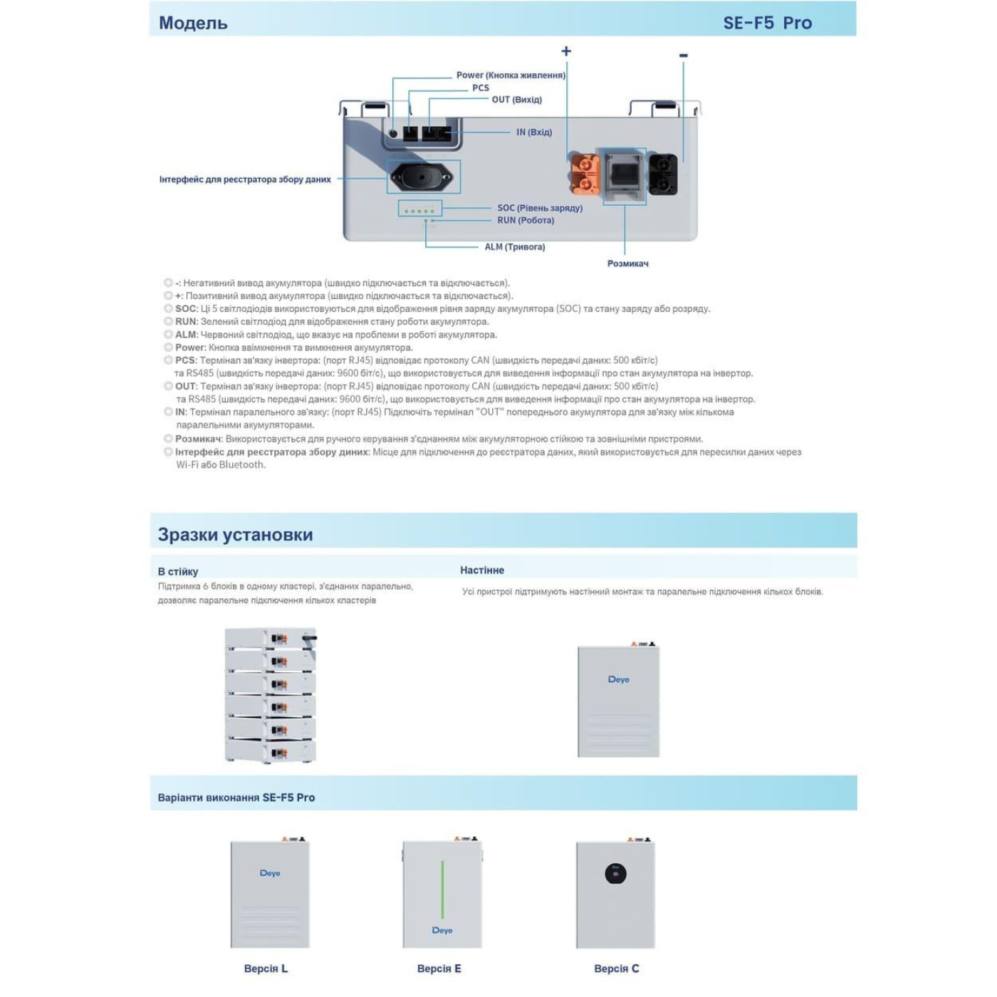 Акумуляторна батарея для ДБЖ Deye LiFePO4 51.2 V / 100 А*ч (SE-F5 Pro-C)