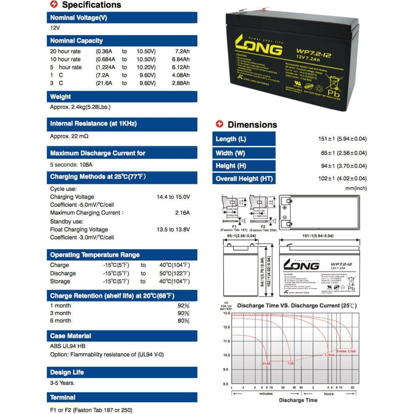 Аккумуляторная батарея для ИБП Long 12 V / 7.2 А*ч (WP7.2-12(28W))