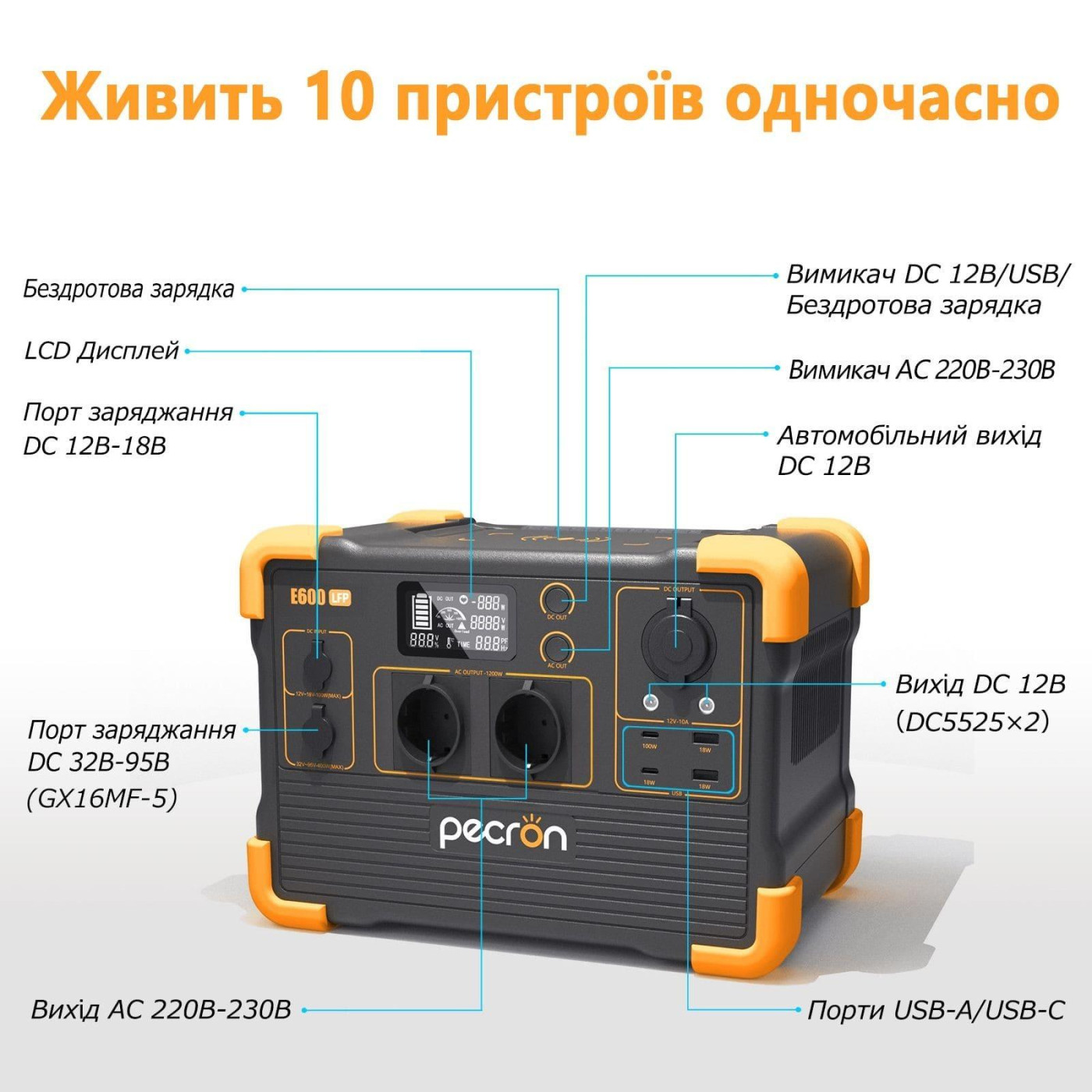 Зарядна станція Pecron E600LFP 614 Вт 1200 Вт/ч / 1200 Вт / 614 Вт/ч / LiFePO4 (E600LFP)