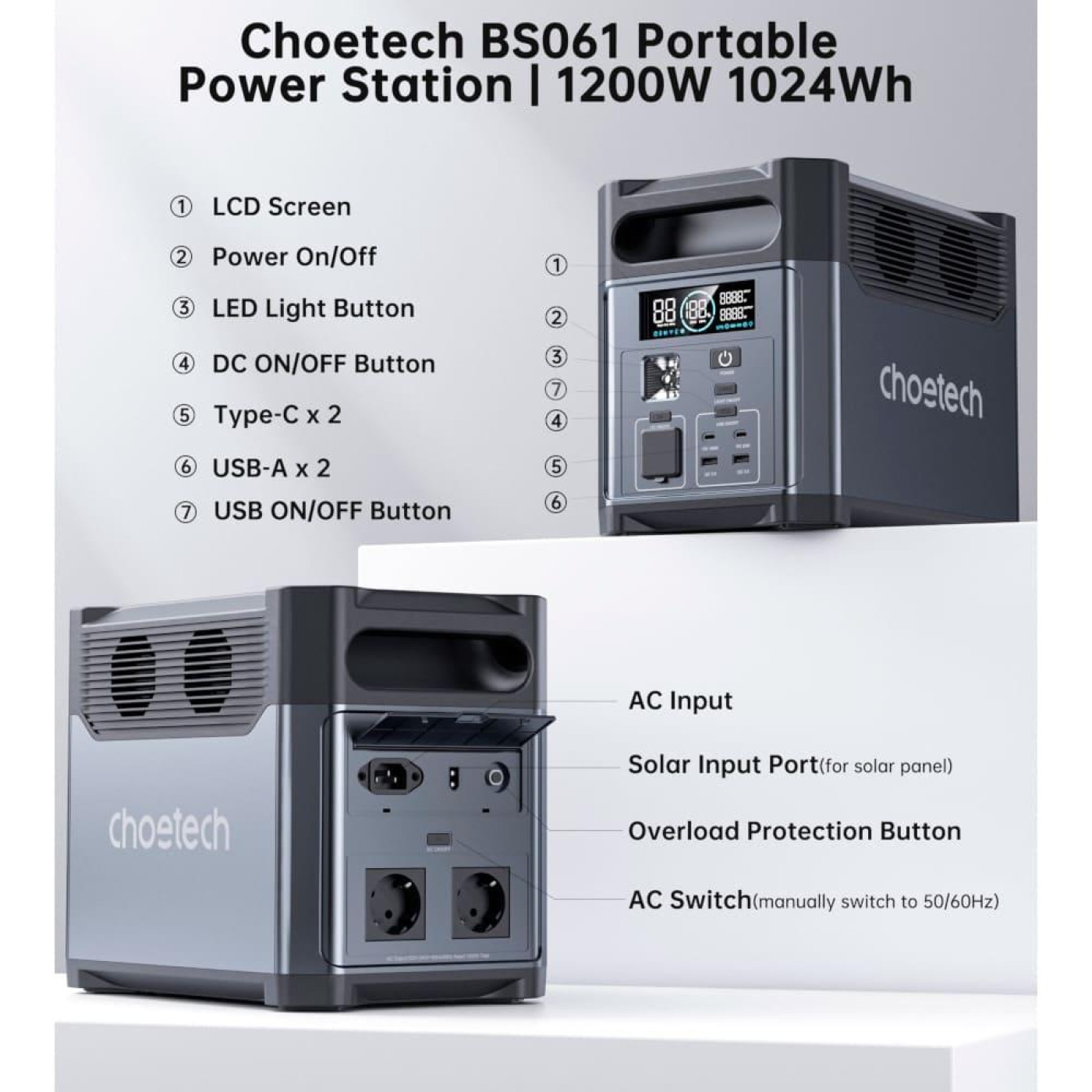 Зарядная станция Choetech BS061 / 1200 Вт / 1024 Вт/ч / LiFePO4 (BS061-BQB)
