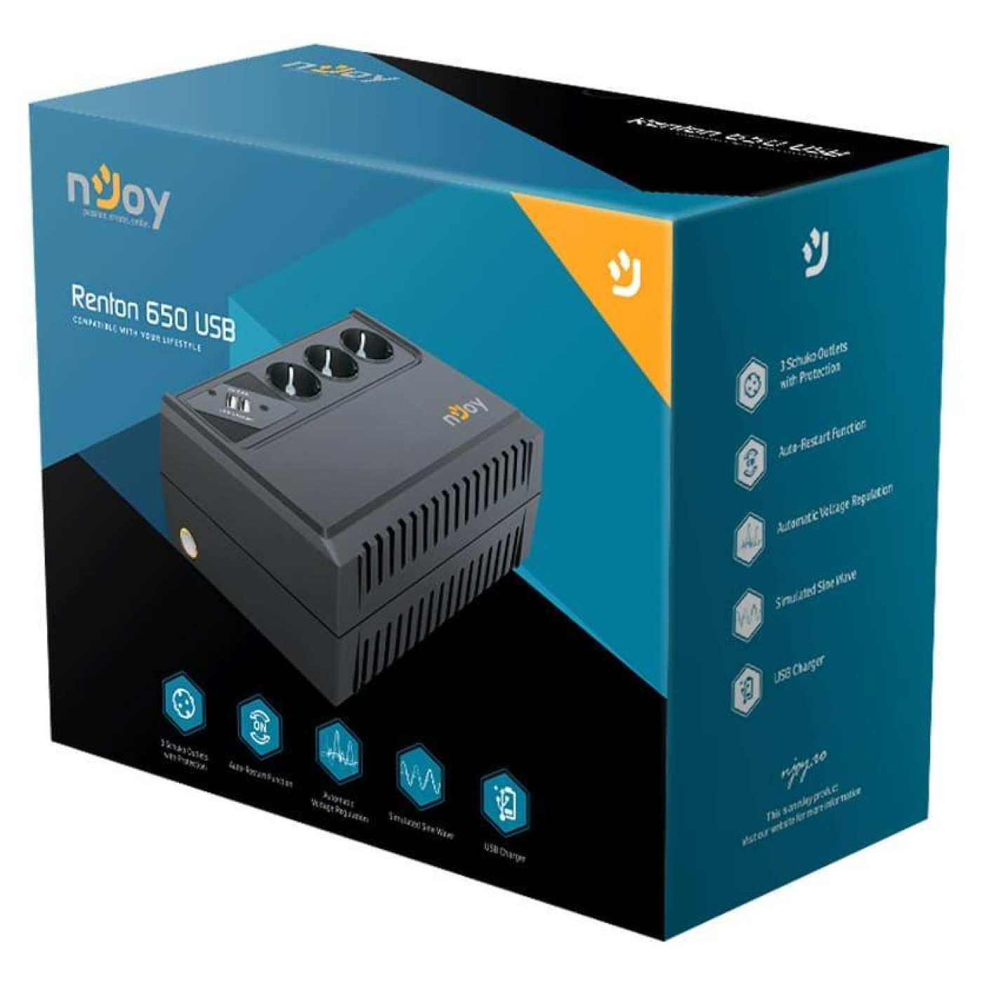 Источник бесперебойного питания Njoy Renton 650 (UPLI-LI065RE-CG01B) Lin.int., AVR, 3 x евро, USB , пластик / 360 Вт / 5 А*ч (Renton 650 USB)