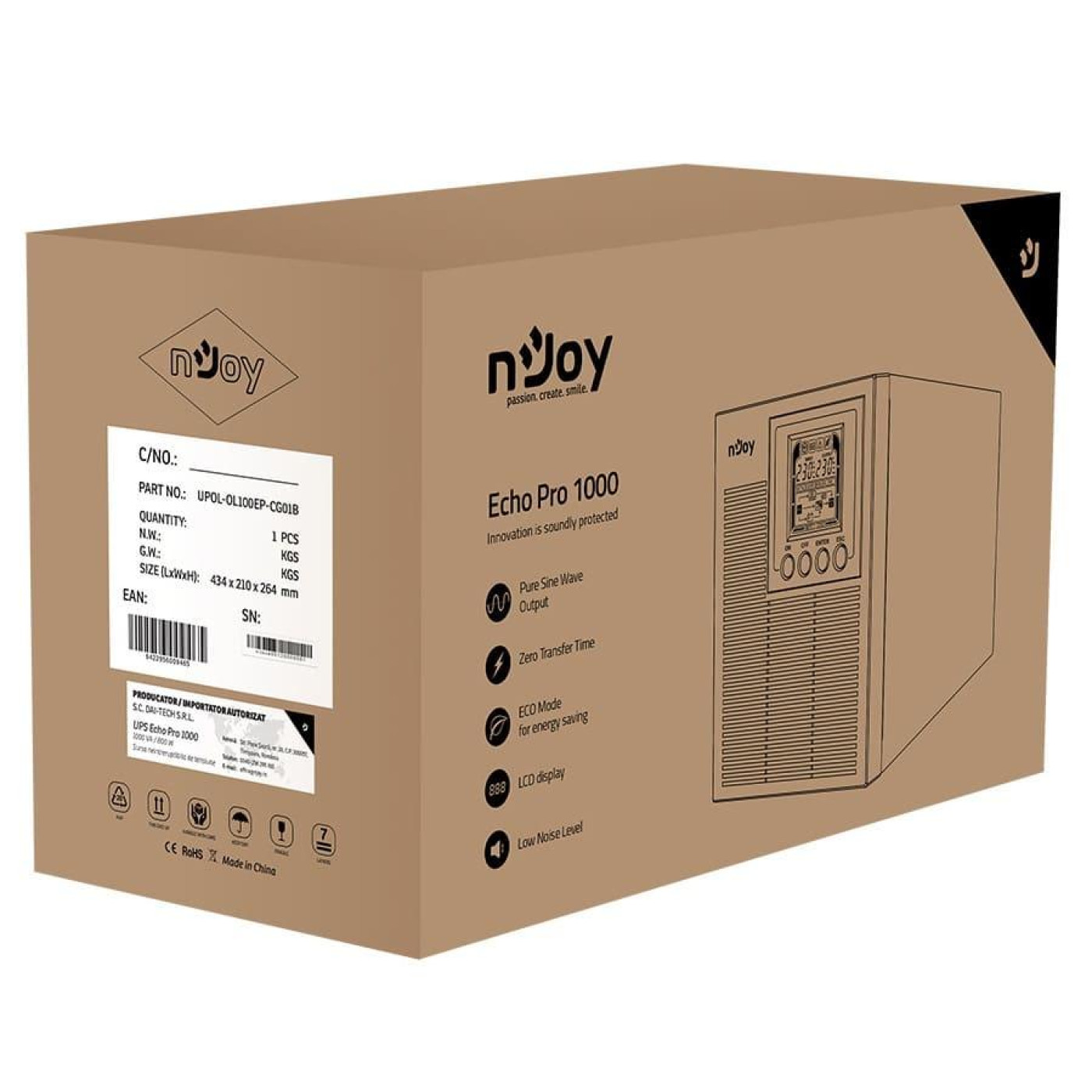 Источник бесперебойного питания Njoy 1000 ВА / 800 Вт / 7 А*ч (Echo Pro 1000)