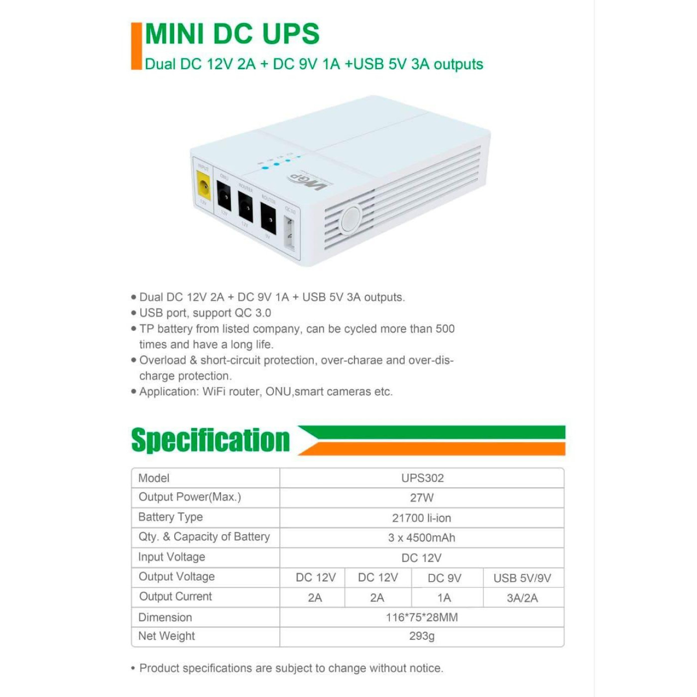 Источник бесперебойного питания для роутера WGP UPS RCI 302, White, 13500 mAh (27Wh), 2xDC (12V/2A), 1xDC (9V/1A), 1xUSB (5V/3A)