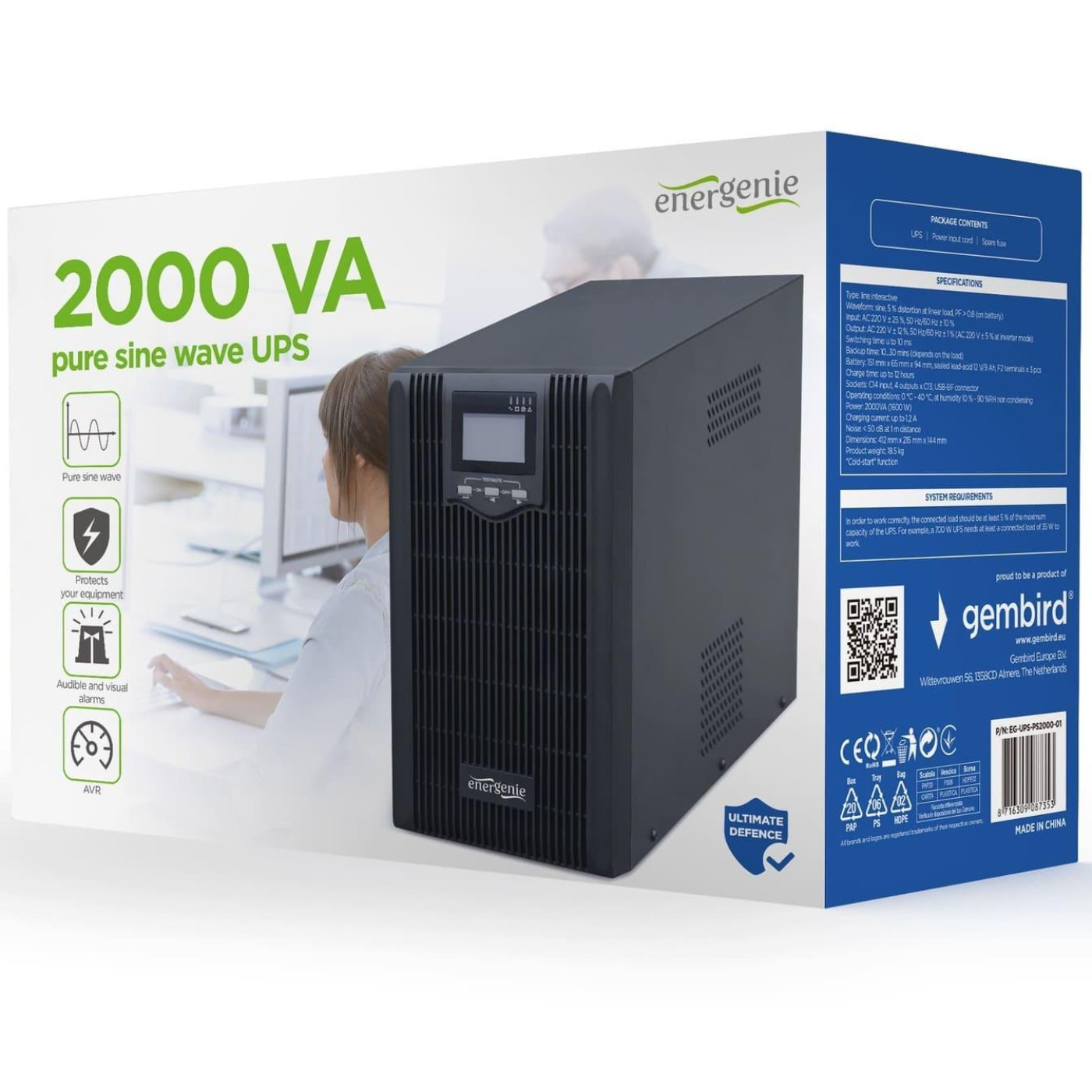 Джерело безперебійного живлення EnerGenie 2000 ВА / 1600 Вт / 9 А*ч (EG-UPS-PS2000-01)