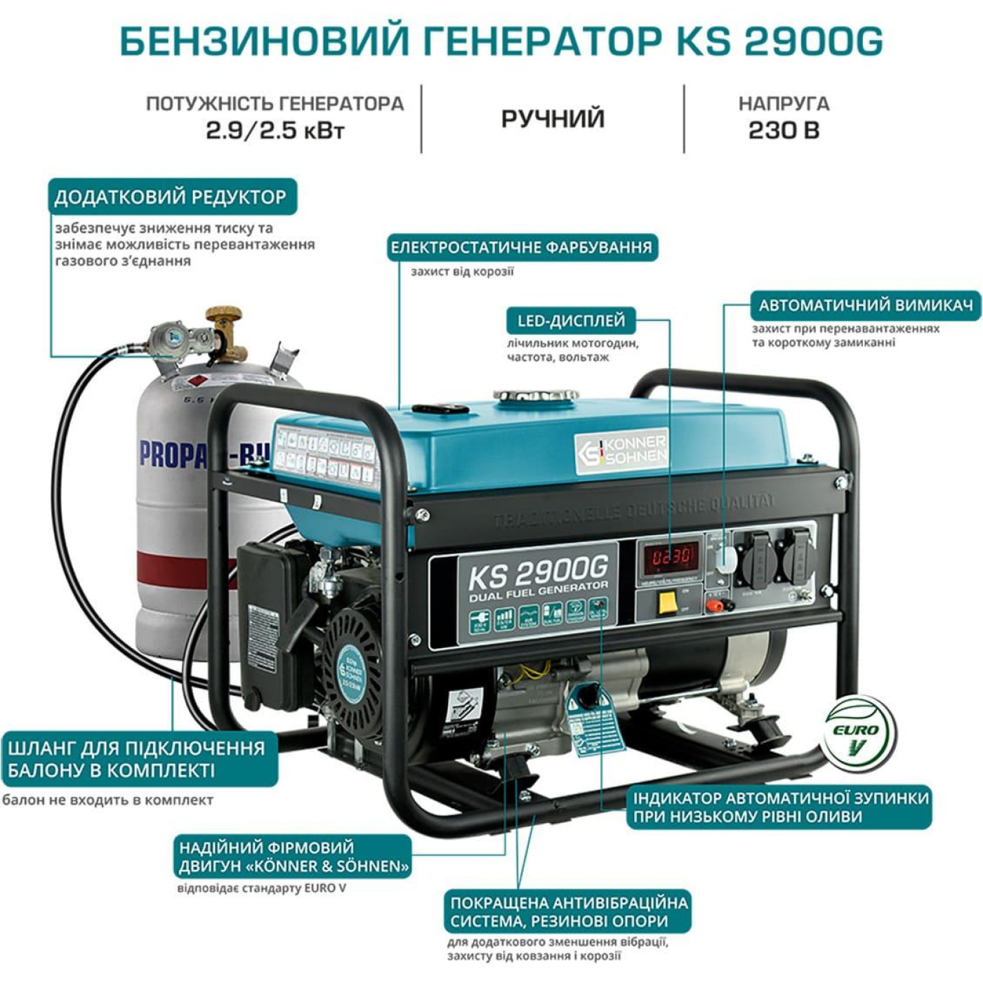 Генератор Инверторний Konner&Sohnen KS 2900G 43кг 2900 Вт / 2500 Вт / Газ + бензин (KS2900G)