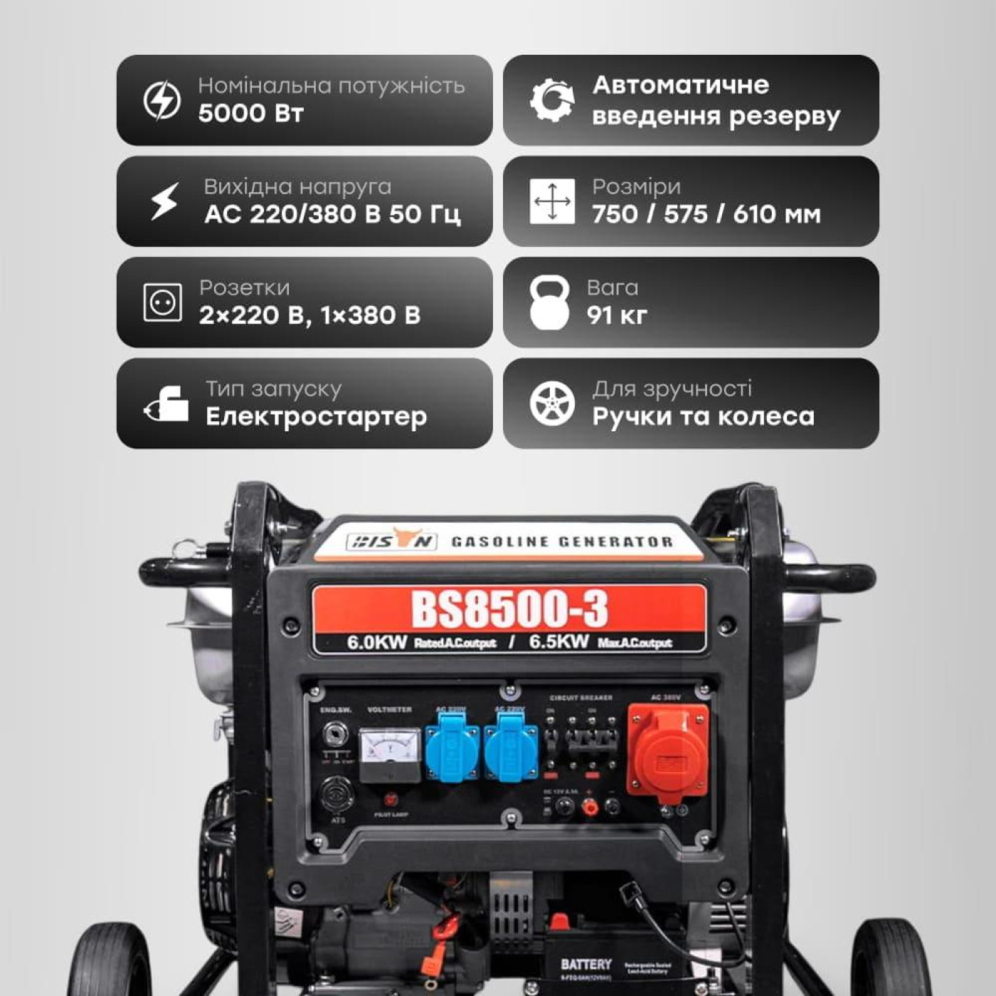 Генератор Синхронный Bison 6 кВт BS8500-3 / 6000 Вт / Бензин (41-00408)