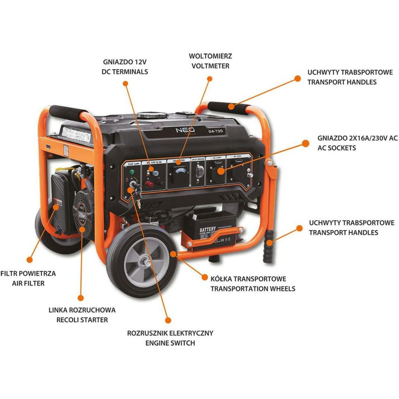 Генератор Neo Tools 230V, 1 фаза, 2.8/3kW, електростарт, AVR (04-730)