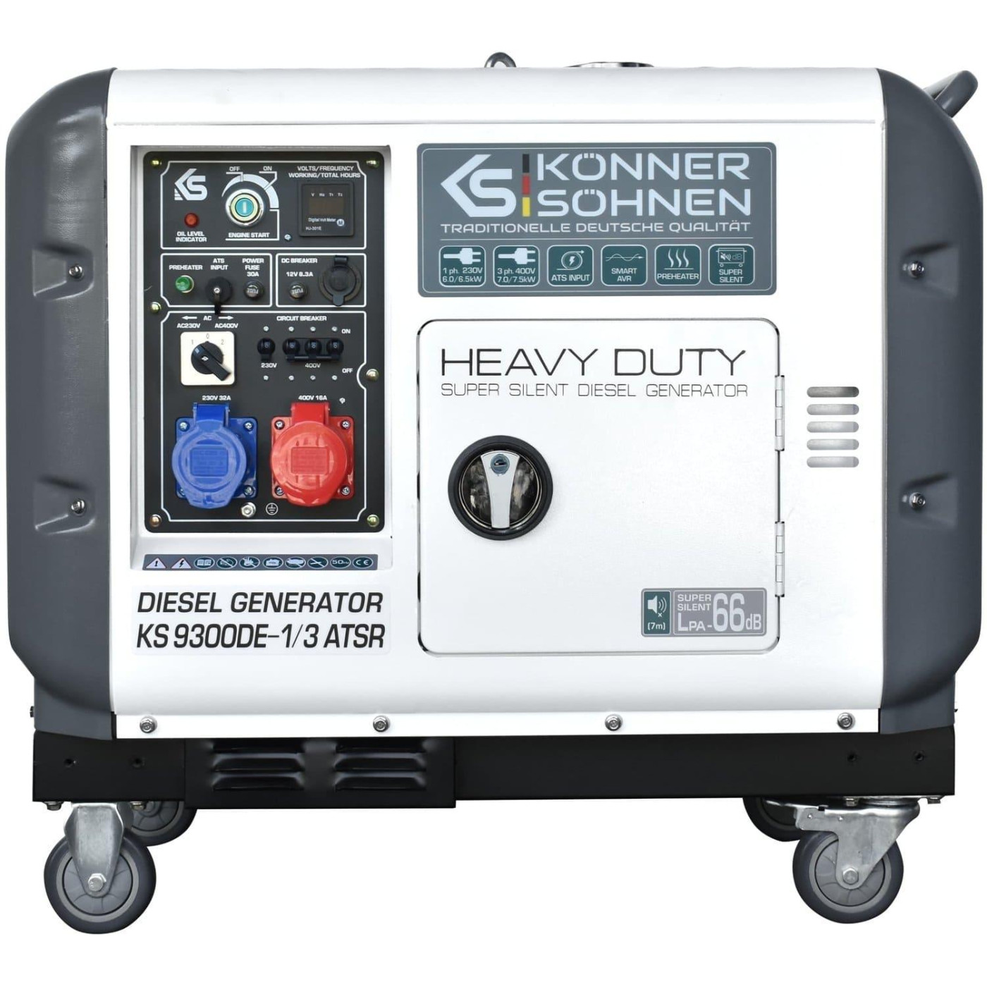 Генератор Синхронный Konner&Sohnen KS 9300DE-1/3 ATSR,230/400В,6.5/6.0кВт,7.5/7.0кВт,1/3Фази, АВР(ATS), електростартер, 168кг / 7000 Вт / Дизель (KS93