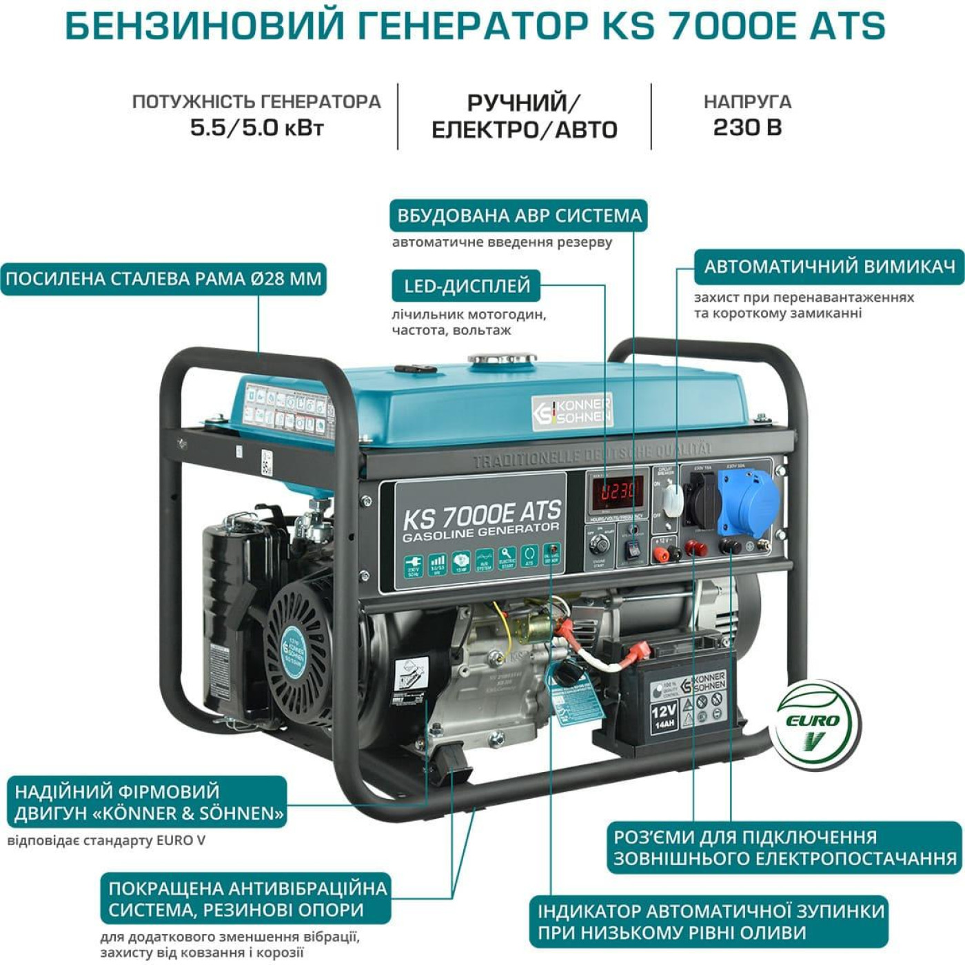 Генератор Синхронный Konner&Sohnen KS 7000E ATS, 230В, 5.5кВт, АВР(ATS), електростартер, 76.8кг / 5000 Вт / Бензин (KS7000EATS)