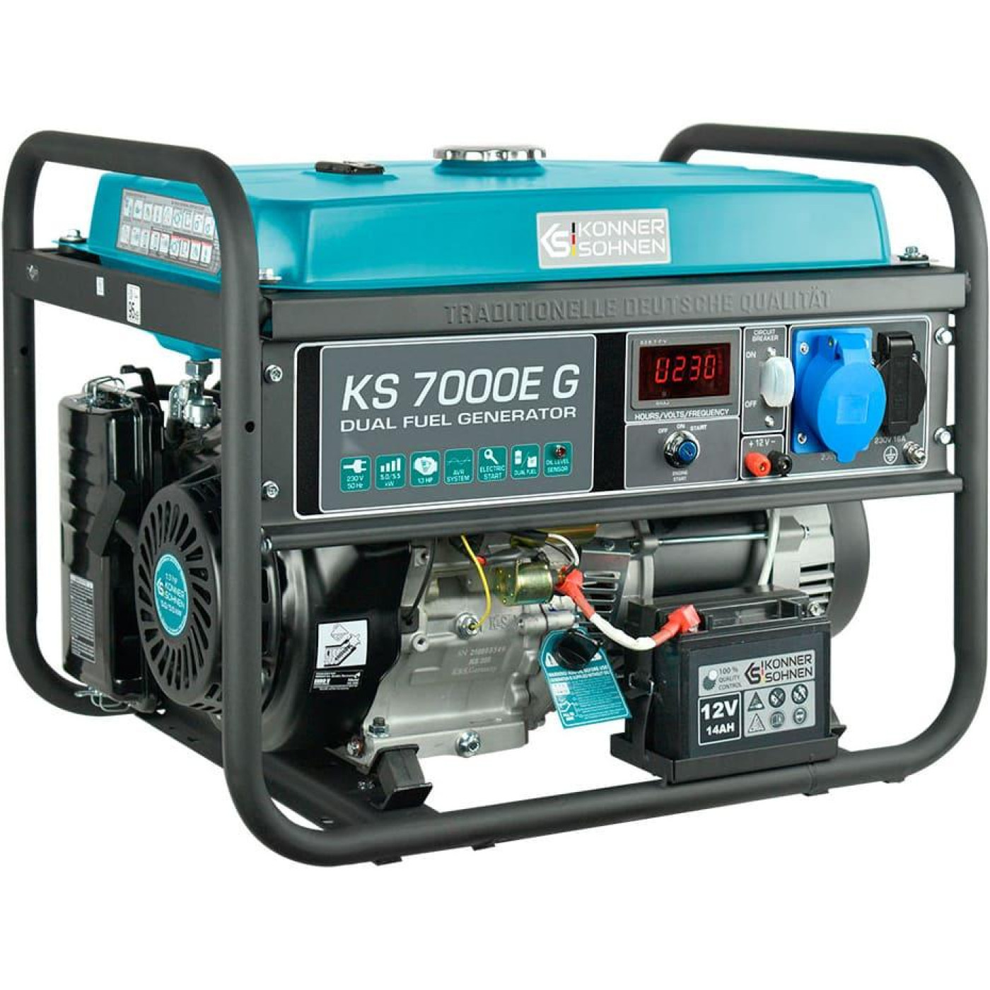 Генератор Синхронный Konner&Sohnen KS 7000E G, 230В, 5.5кВт, електростартер, 77.2кг / 5000 Вт / Газ + бензин (KS7000EG)