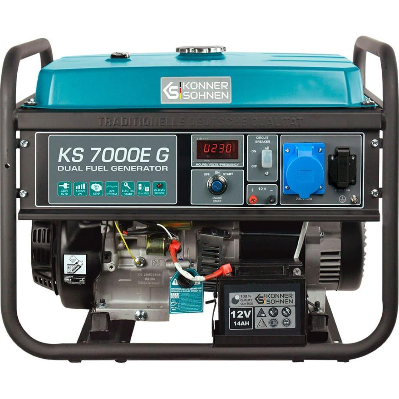 Генератор Синхронный Konner&Sohnen KS 7000E G, 230В, 5.5кВт, електростартер, 77.2кг / 5000 Вт / Газ + бензин (KS7000EG)