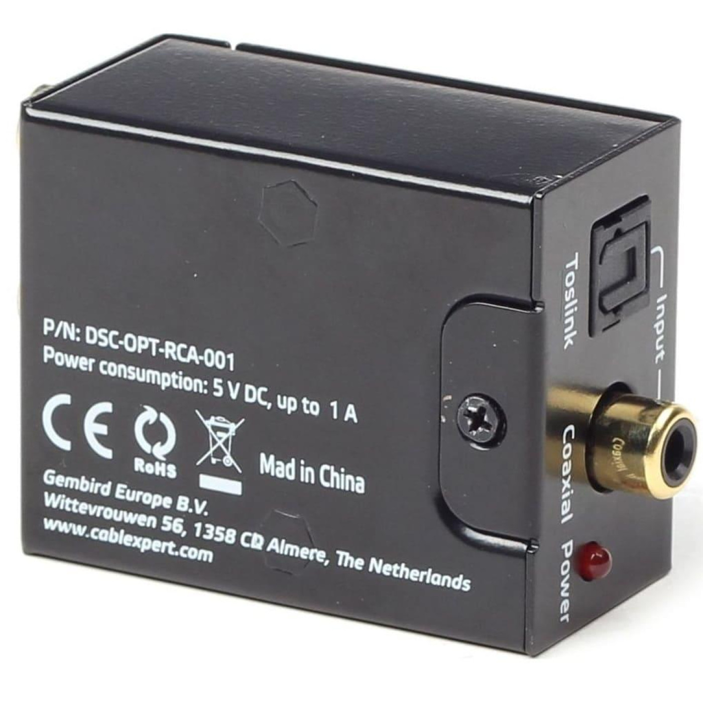 Адаптер Cablexpert, 1х RCA (коаксиальный), 1х Toslink на 2х RCA аудио (L/R) Black (DSC-OPT-RCA-001)