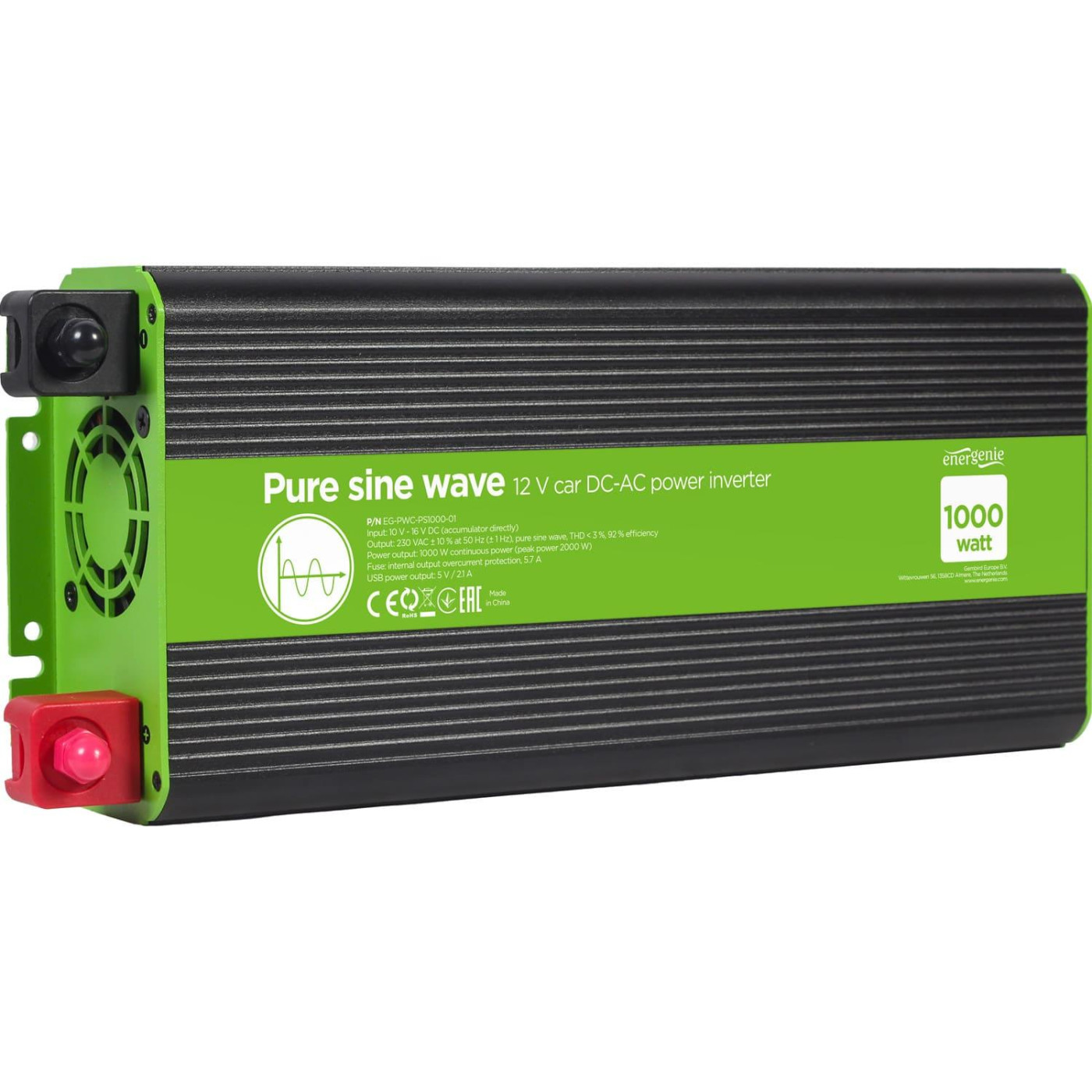 Інвертор EnerGenie 12V/230V 1000W (2000W peak power) чиста синусоїда (EG-PWC-PS1000-01 1000 Вт (EG-PWC-PS1000-01)