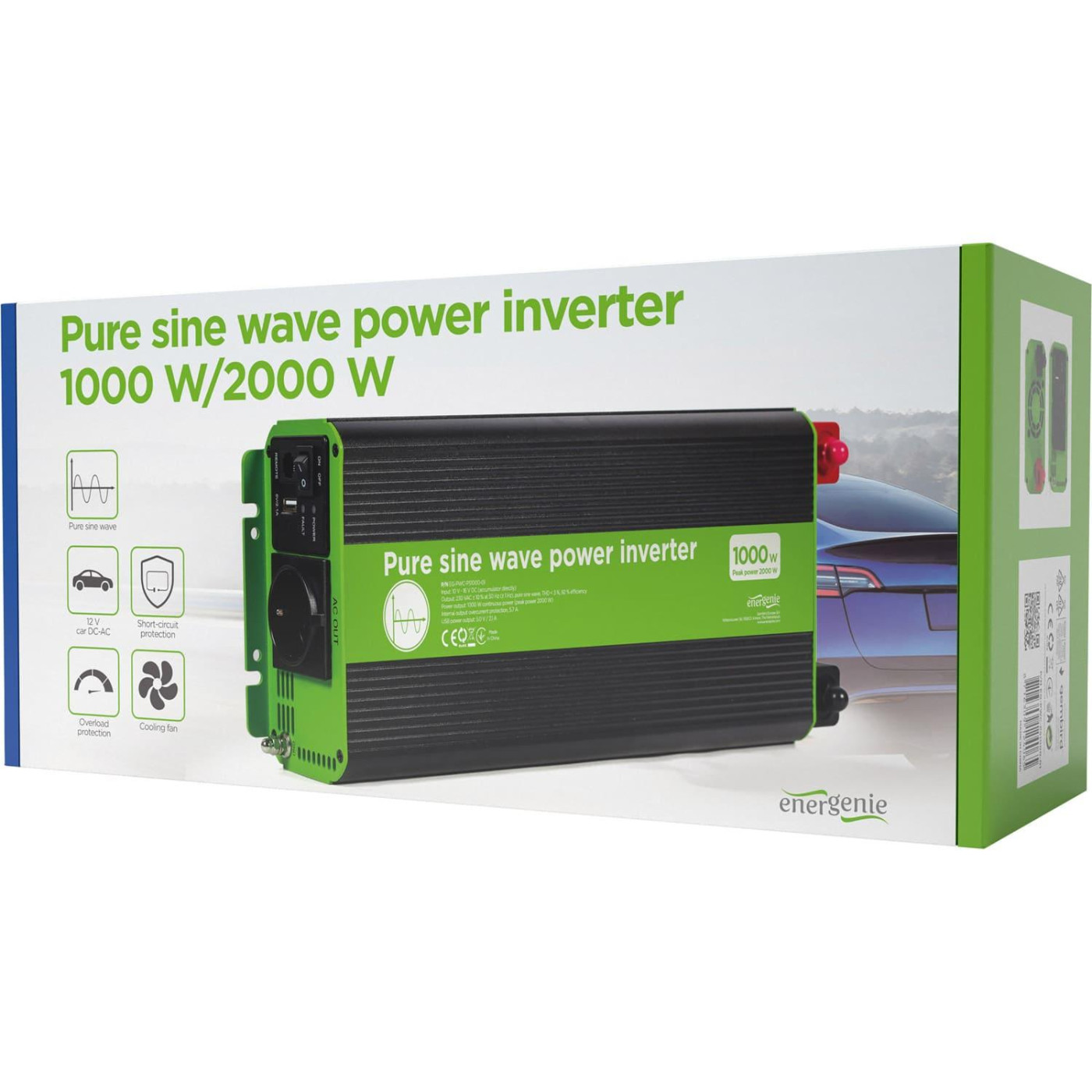 Інвертор EnerGenie 12V/230V 1000W (2000W peak power) чиста синусоїда (EG-PWC-PS1000-01 1000 Вт (EG-PWC-PS1000-01)