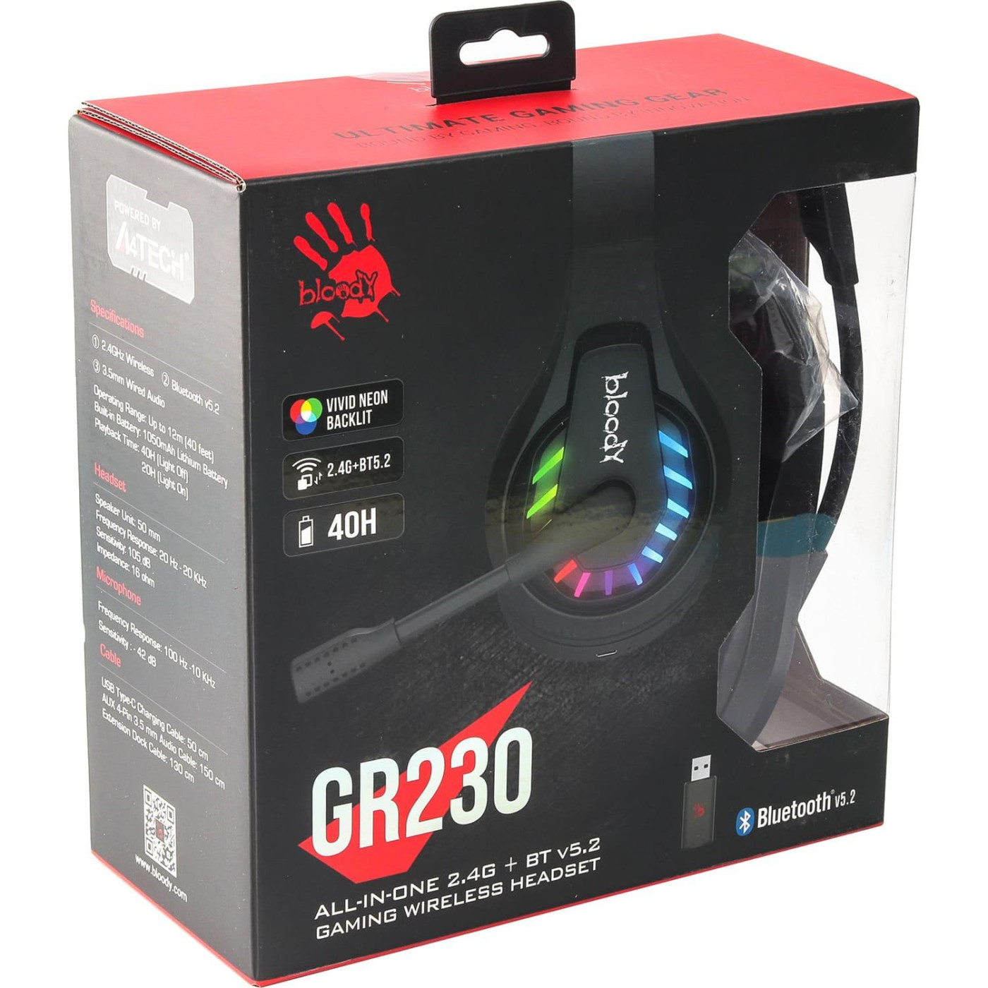 Игровая гарнитура Bloody GR230 з LED пидсвичуванням, чорний колир, Bluetooth v5.2 + 2.4GHz + 3.5 Jack (GR230 (Black))