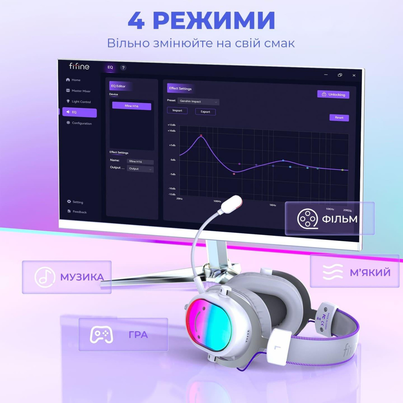 Ігрова гарнітура Fifine H16 7.1 RGB White (H16W)