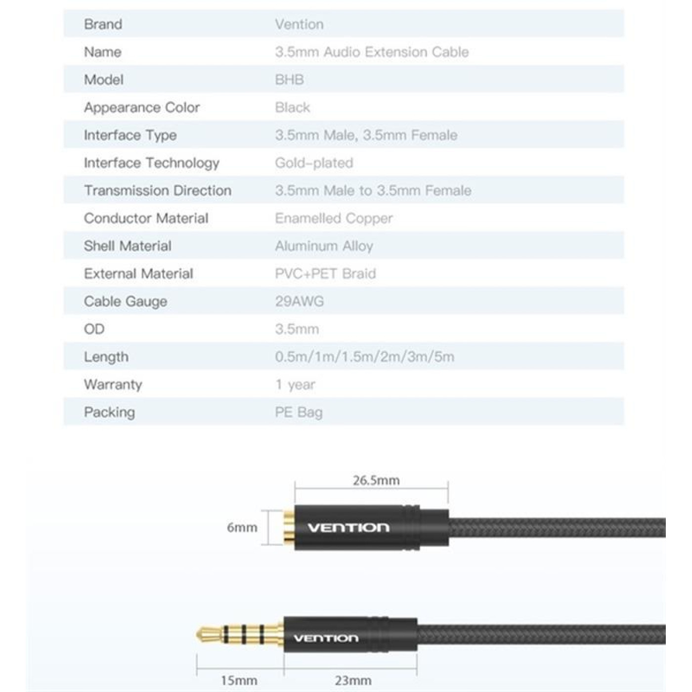 Аудіо-кабель Vention Audio 3.5 mm M - 3.5 mm F, 1m, Black (BHBBF)