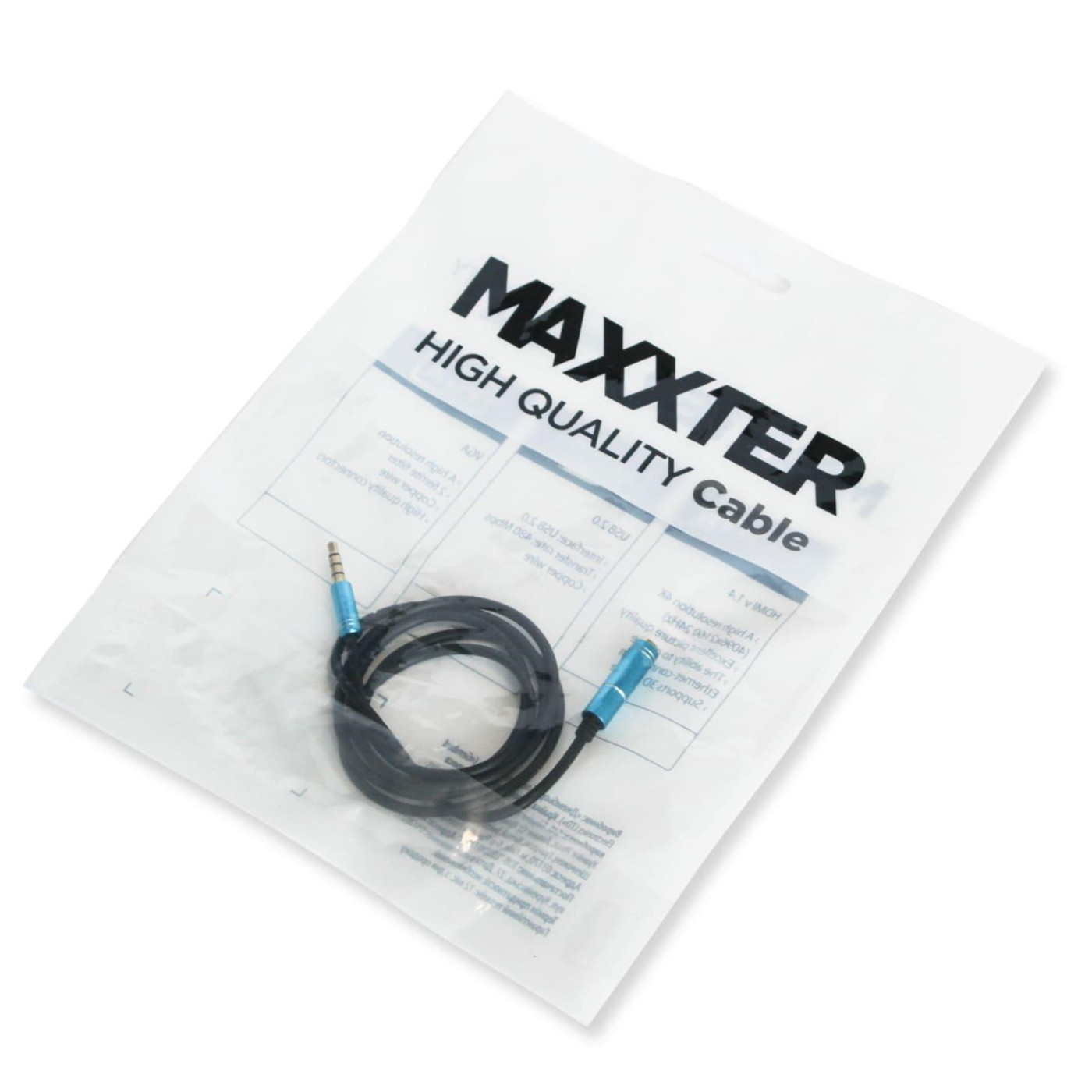 Аудіо-кабель Maxxter 3.5 мм M/F 3.5мм, 1м, черний/синий (A-3434-1m)
