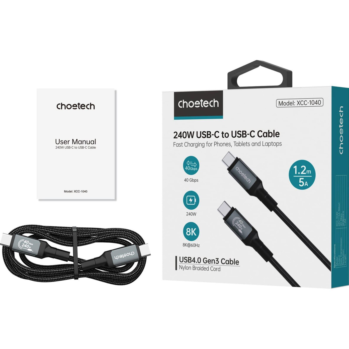Аудио-кабель Choetech USB-C 4 GEN 3 240 Вт 8K 1 м USB-C 4 G3 240W 8K 1m (XCC-1040)