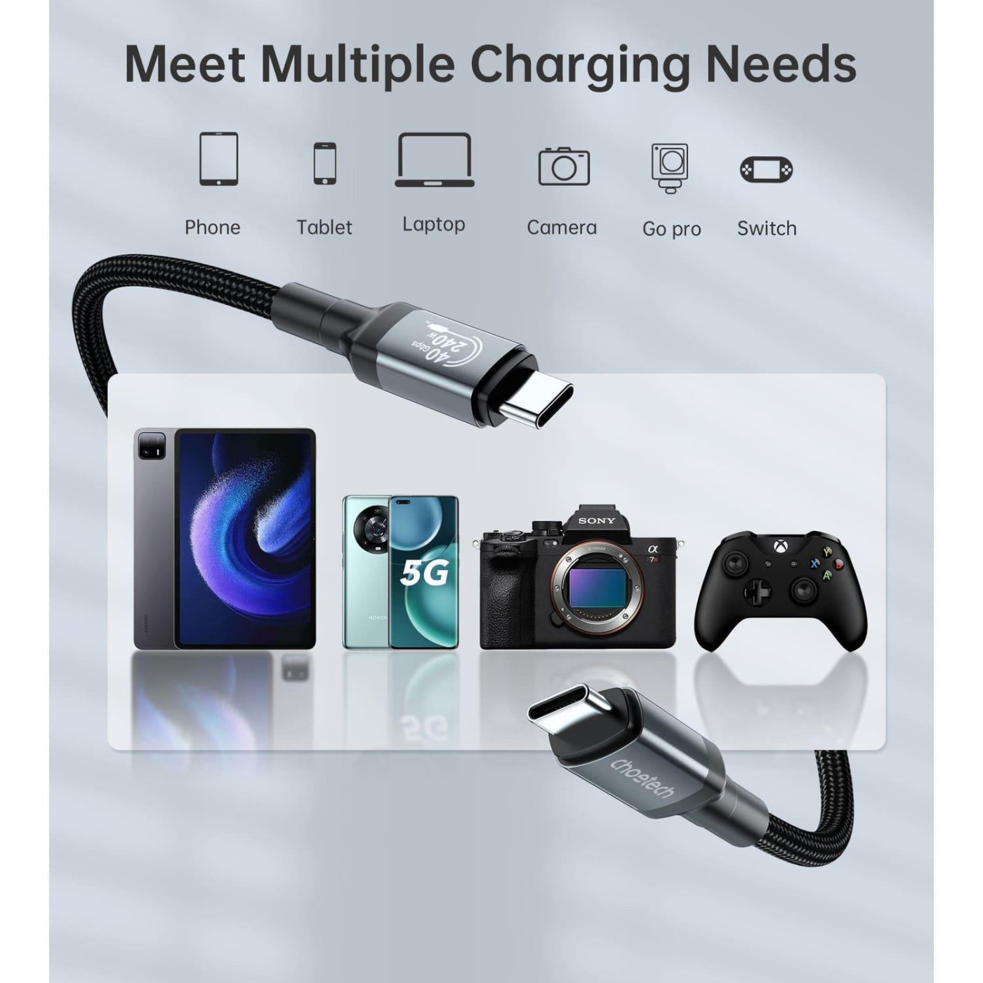 Аудио-кабель Choetech USB-C 4 GEN 3 240 Вт 8K 1 м USB-C 4 G3 240W 8K 1m (XCC-1040)