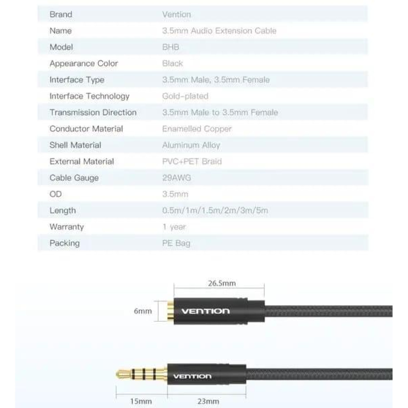 Аудио-кабель Vention Audio 3.5 mm M - 3.5 mm F, 2m, Black (BHBBH)