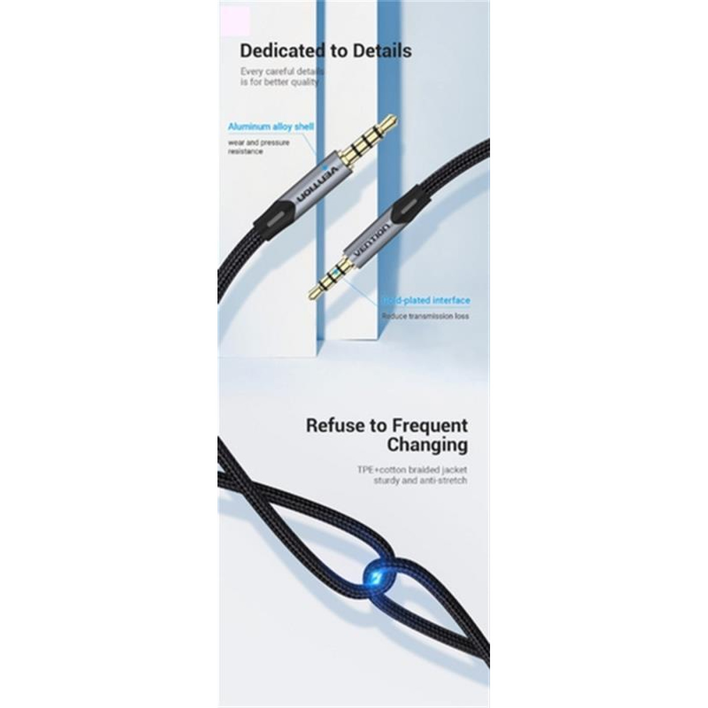 Кабель Vention Audio 3.5 mm - 3.5 mm 1.5 m, Metal Type, Silver (BAQHG)